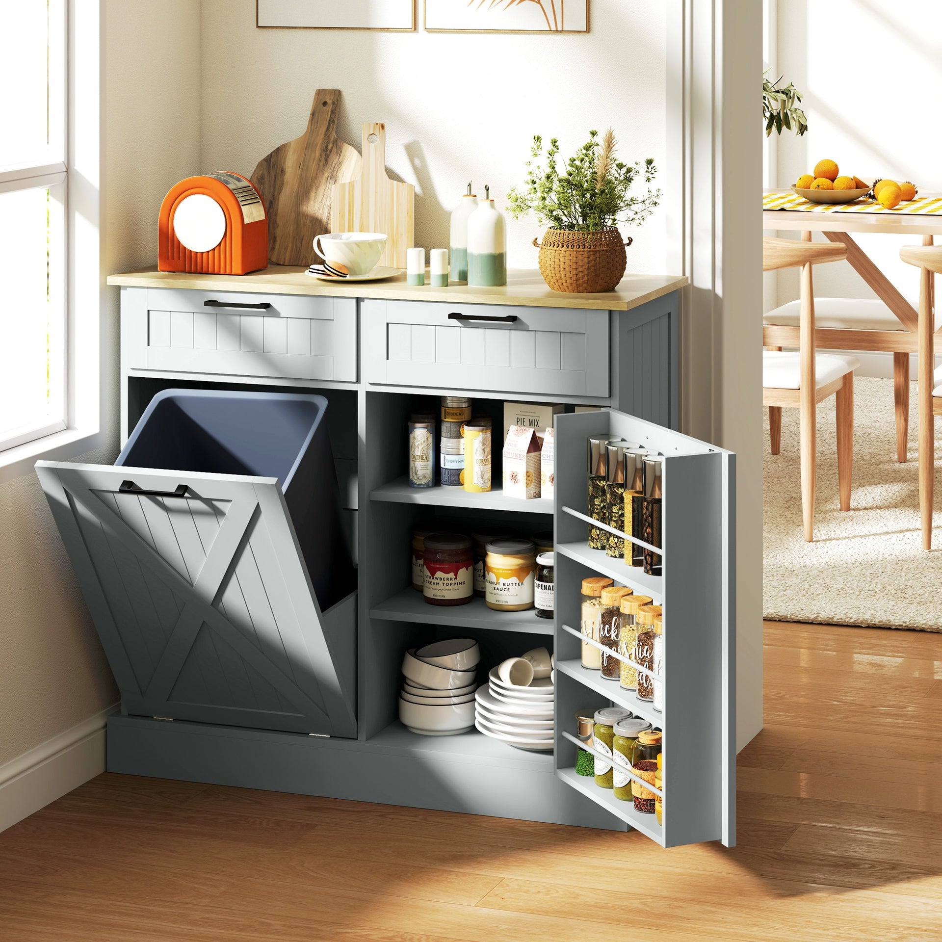 HOMCOM 10 Gallon Farmhouse Kitchen Cabinet with Hidden Trash Can and 2 Drawers, Tilt Out Trash Can Cabinet for Kitchen, Gray