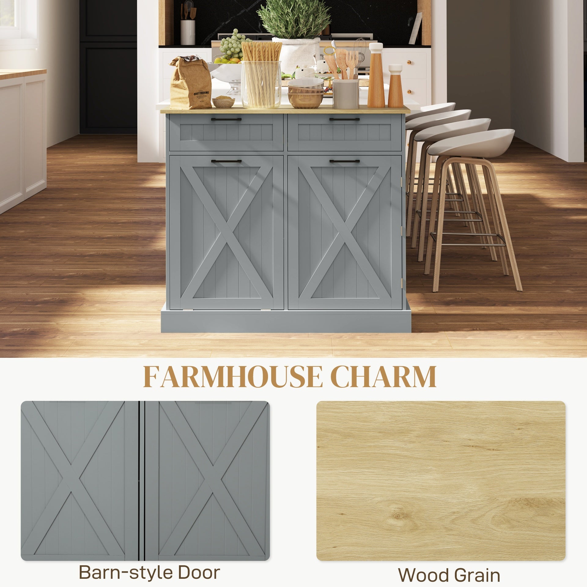 HOMCOM 10 Gallon Farmhouse Kitchen Cabinet with Hidden Trash Can and 2 Drawers, Tilt Out Trash Can Cabinet for Kitchen, Gray