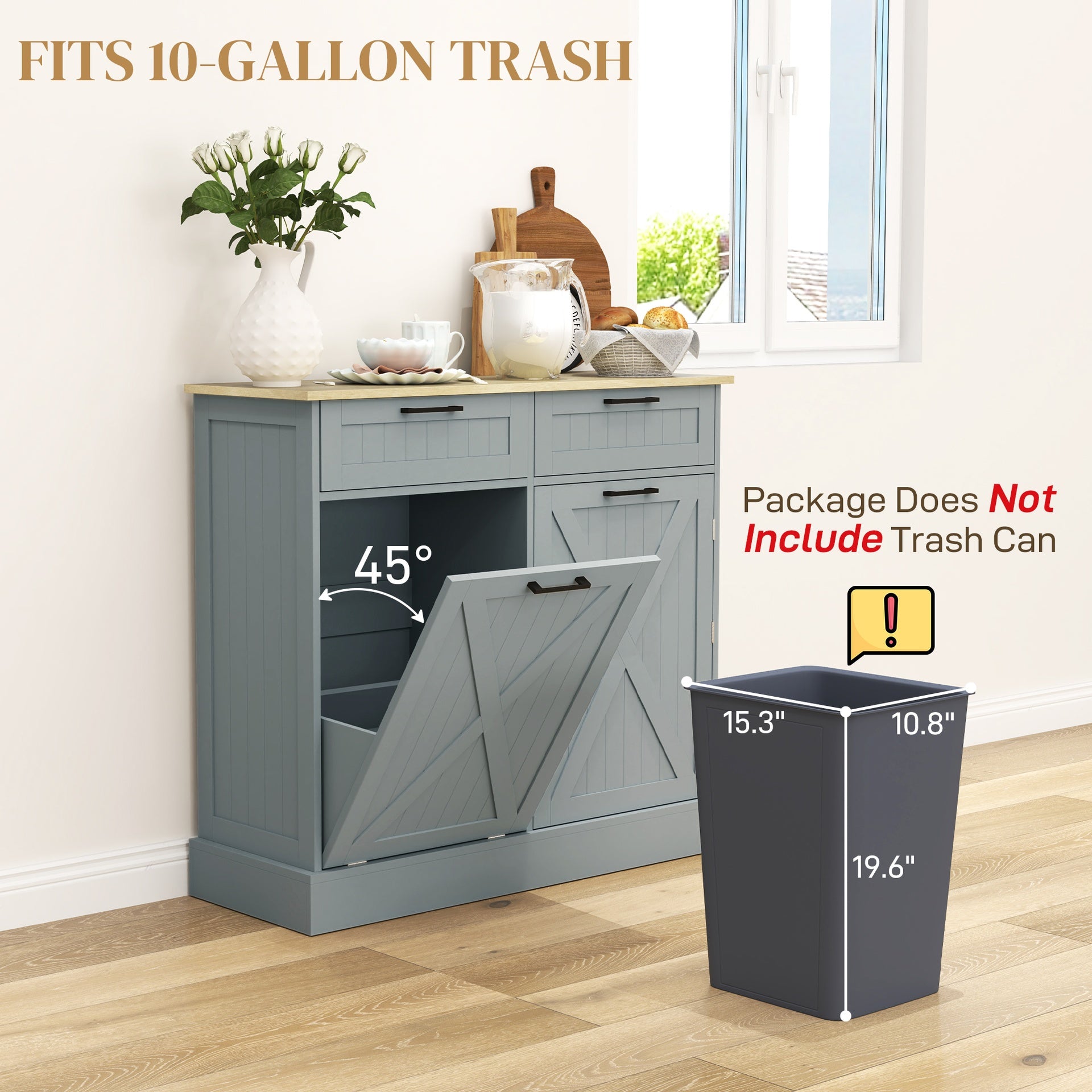 HOMCOM 10 Gallon Farmhouse Kitchen Cabinet with Hidden Trash Can and 2 Drawers, Tilt Out Trash Can Cabinet for Kitchen, Gray