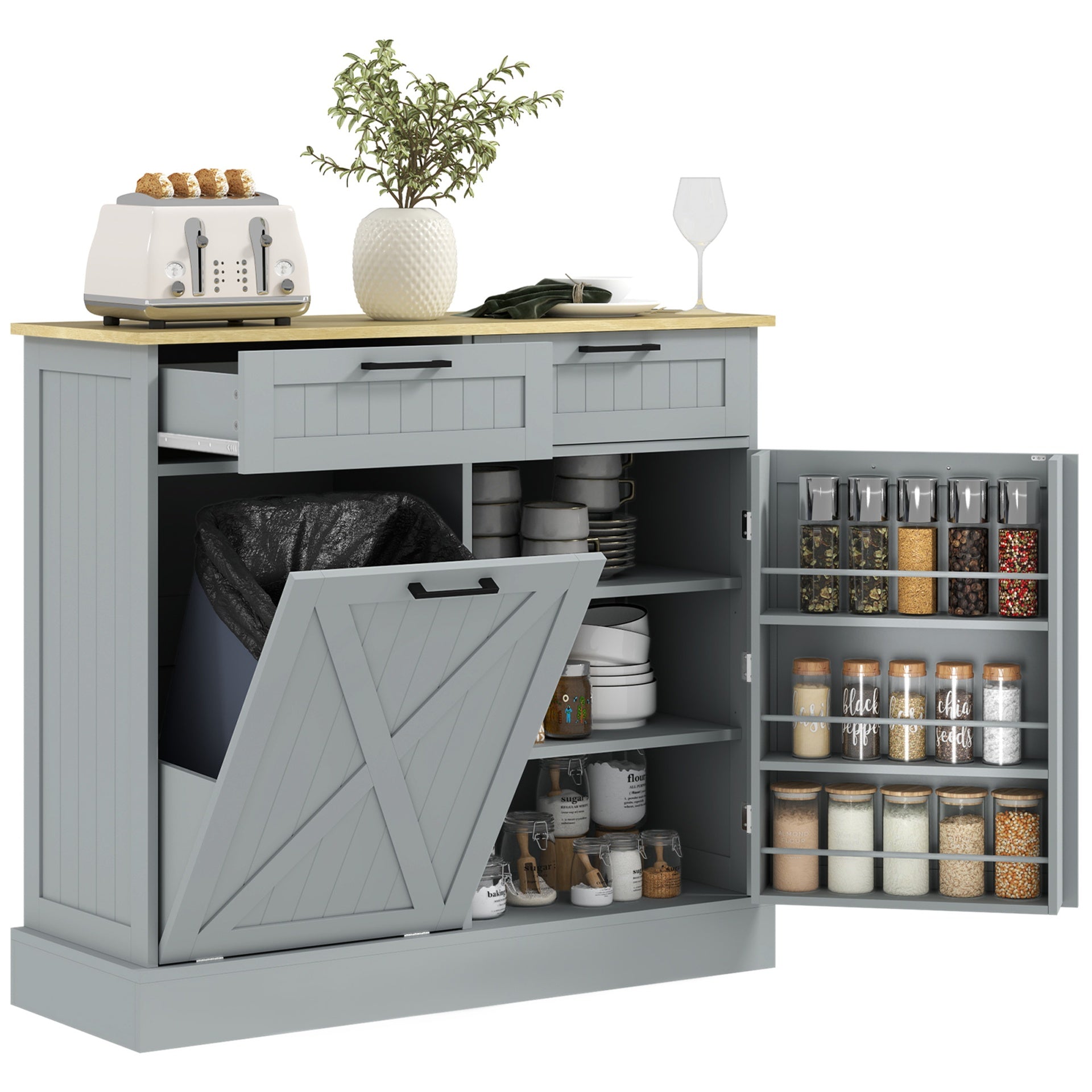 HOMCOM 10 Gallon Farmhouse Kitchen Cabinet with Hidden Trash Can and 2 Drawers, Tilt Out Trash Can Cabinet for Kitchen, Gray