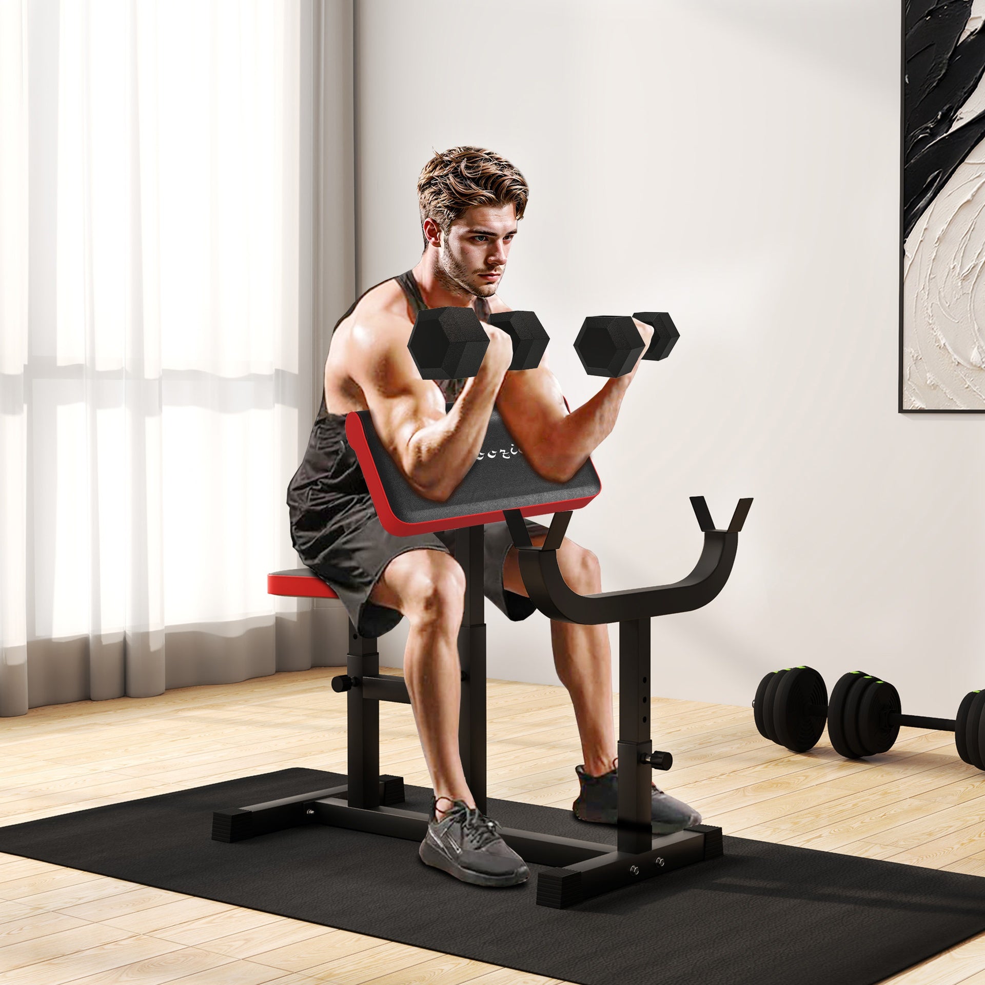 Soozier 265 LBS Preacher Curl Bench for Strength Training, Adjustable Seated Arm Isolated Barbell Dumbbell Bicep Station, Black