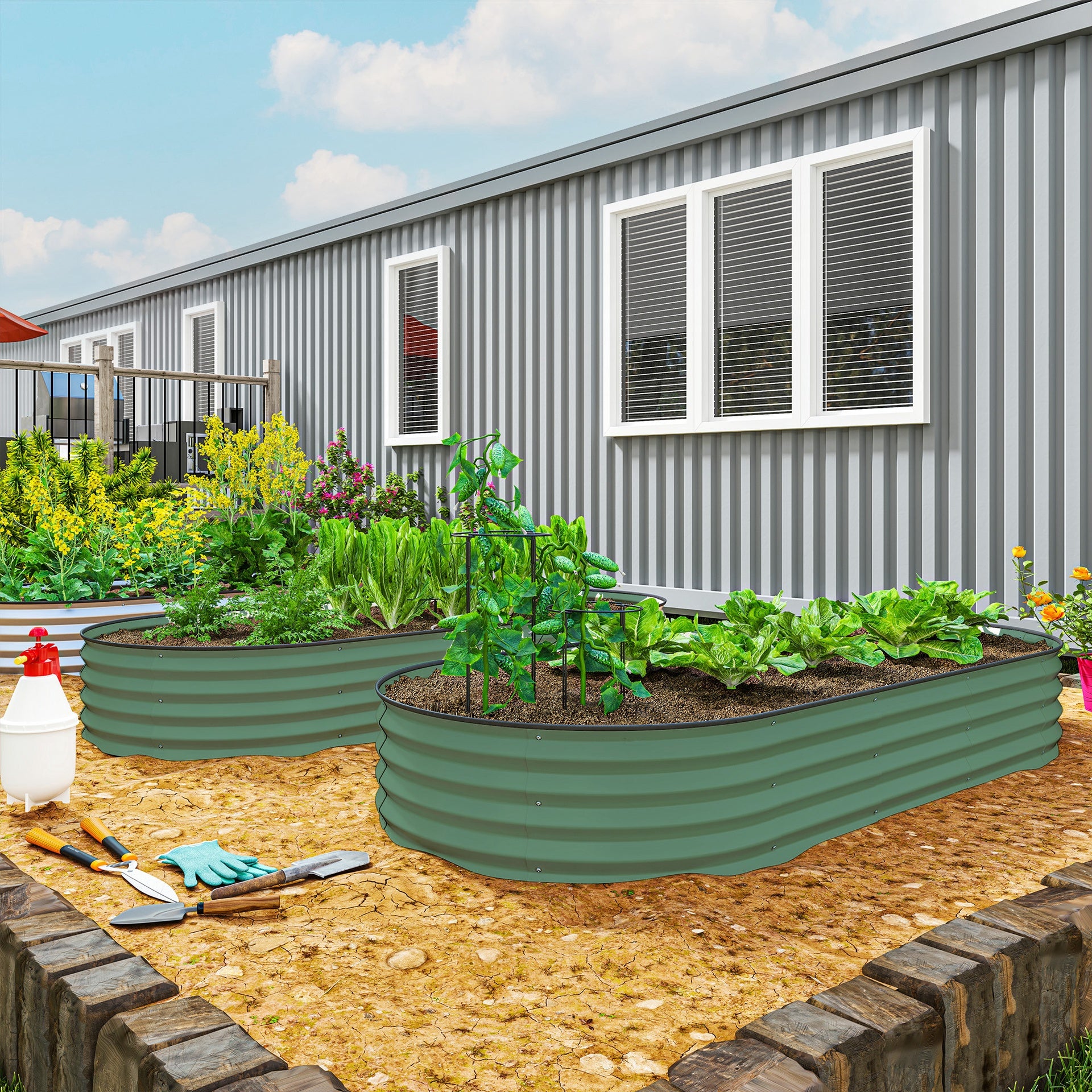 Outsunny 7' x 3' x 1' Raised Garden Bed Set, 2PCS Raised Beds for Gardening with Metal Plant Stakes, Green