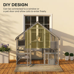 PawHut Wooden Catio Outdoor Cat Enclosure with Waterproof Cover, 2 Condos, 4 Platforms, Bridge, Doors, Gray