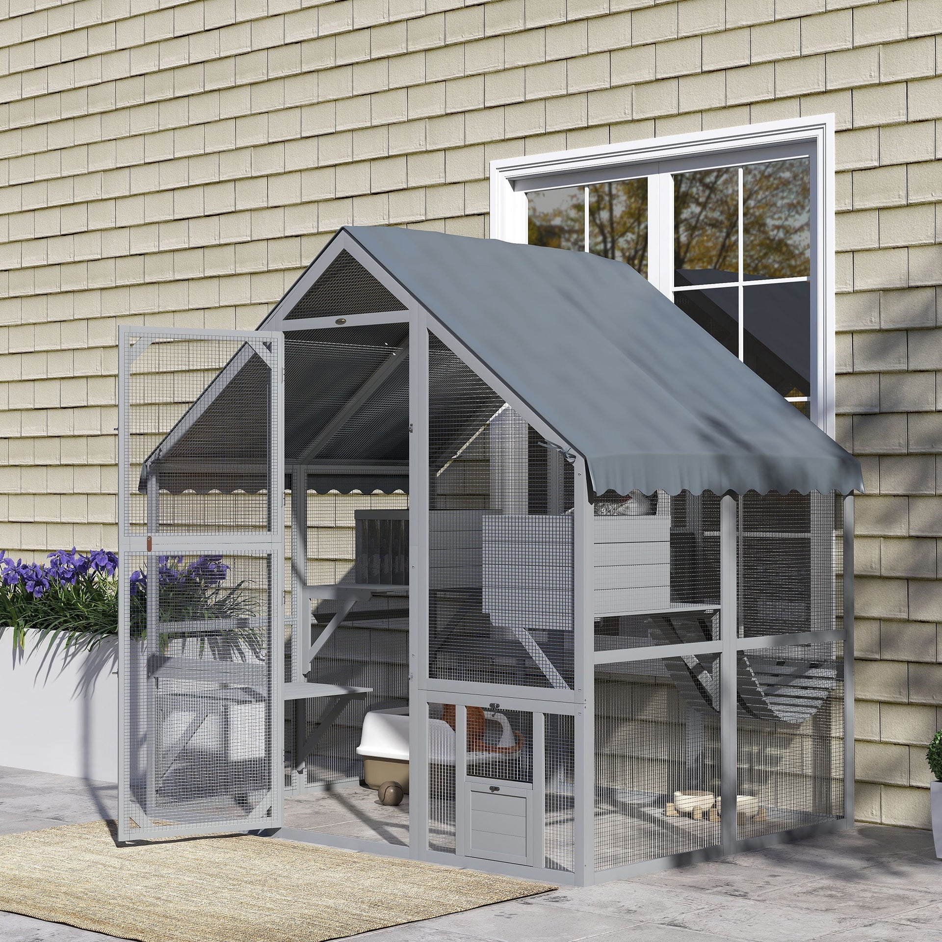 PawHut Wooden Catio Outdoor Cat Enclosure with Waterproof Cover, 2 Condos, 4 Platforms, Bridge, Doors, Gray