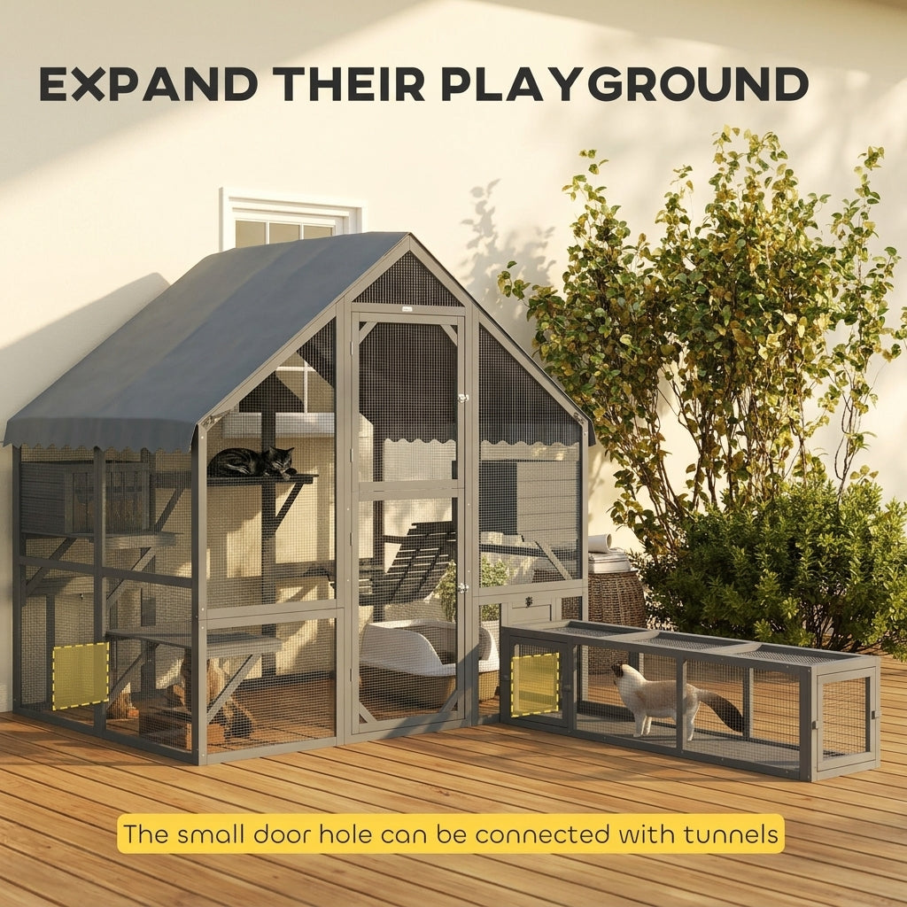 PawHut Wooden Catio Outdoor Cat Enclosure with Waterproof Cover, 2 Condos, 4 Platforms, Bridge, Doors, Gray
