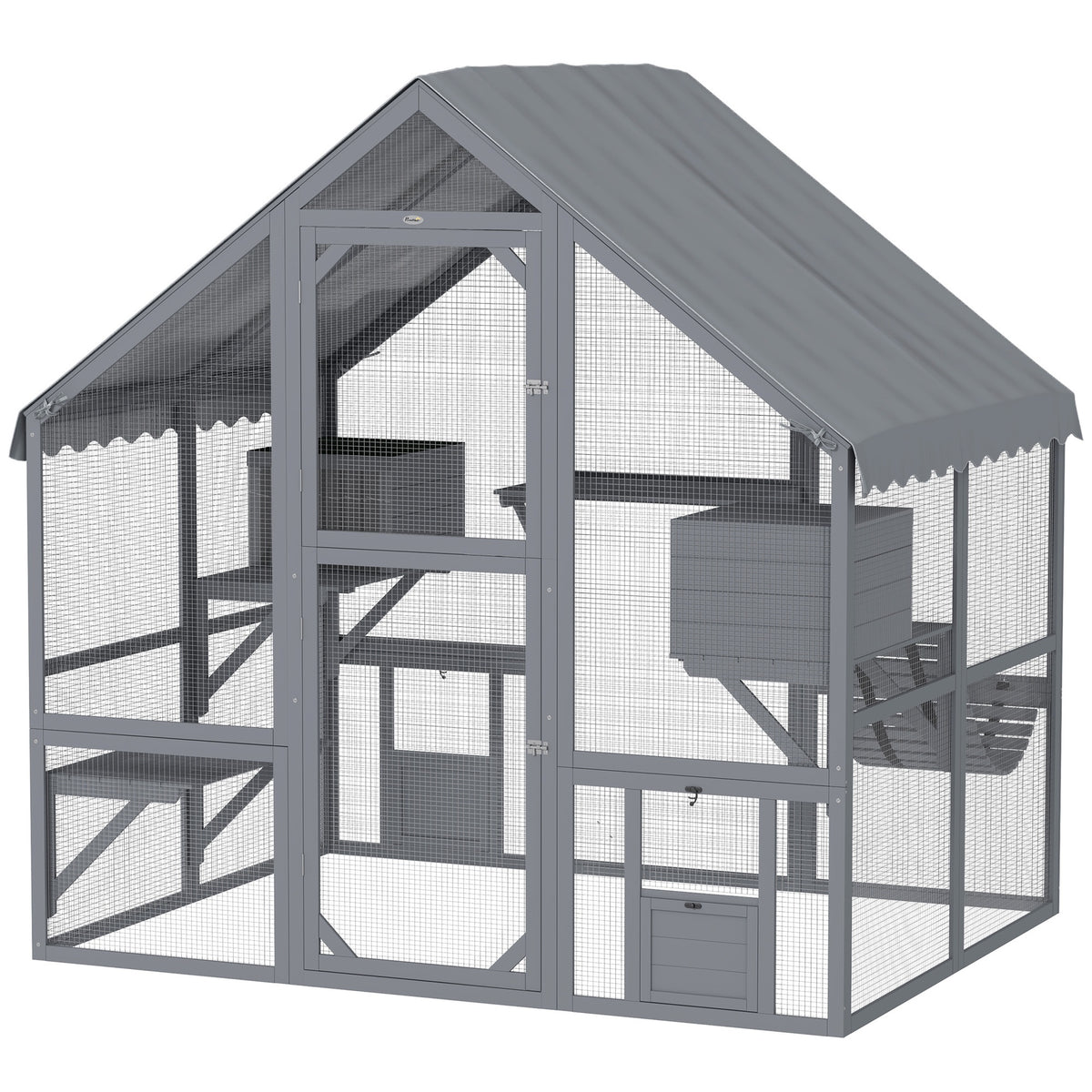 PawHut Wooden Catio Outdoor Cat Enclosure with Waterproof Cover, 2 Condos, 4 Platforms, Bridge, Doors, Gray