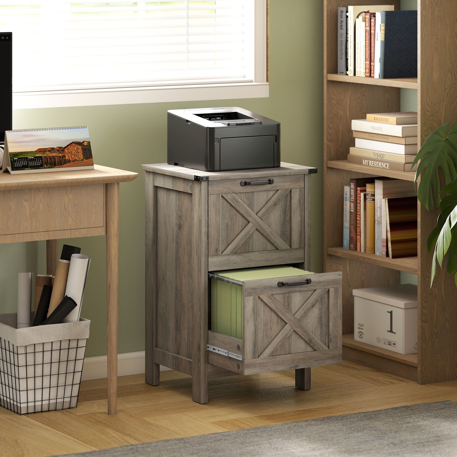 HOMCOM Vertical File Cabinet with 2 Drawers, Rustic Farmhouse Office Storage Cabinet for A4, Letter Size, Distressed Gray