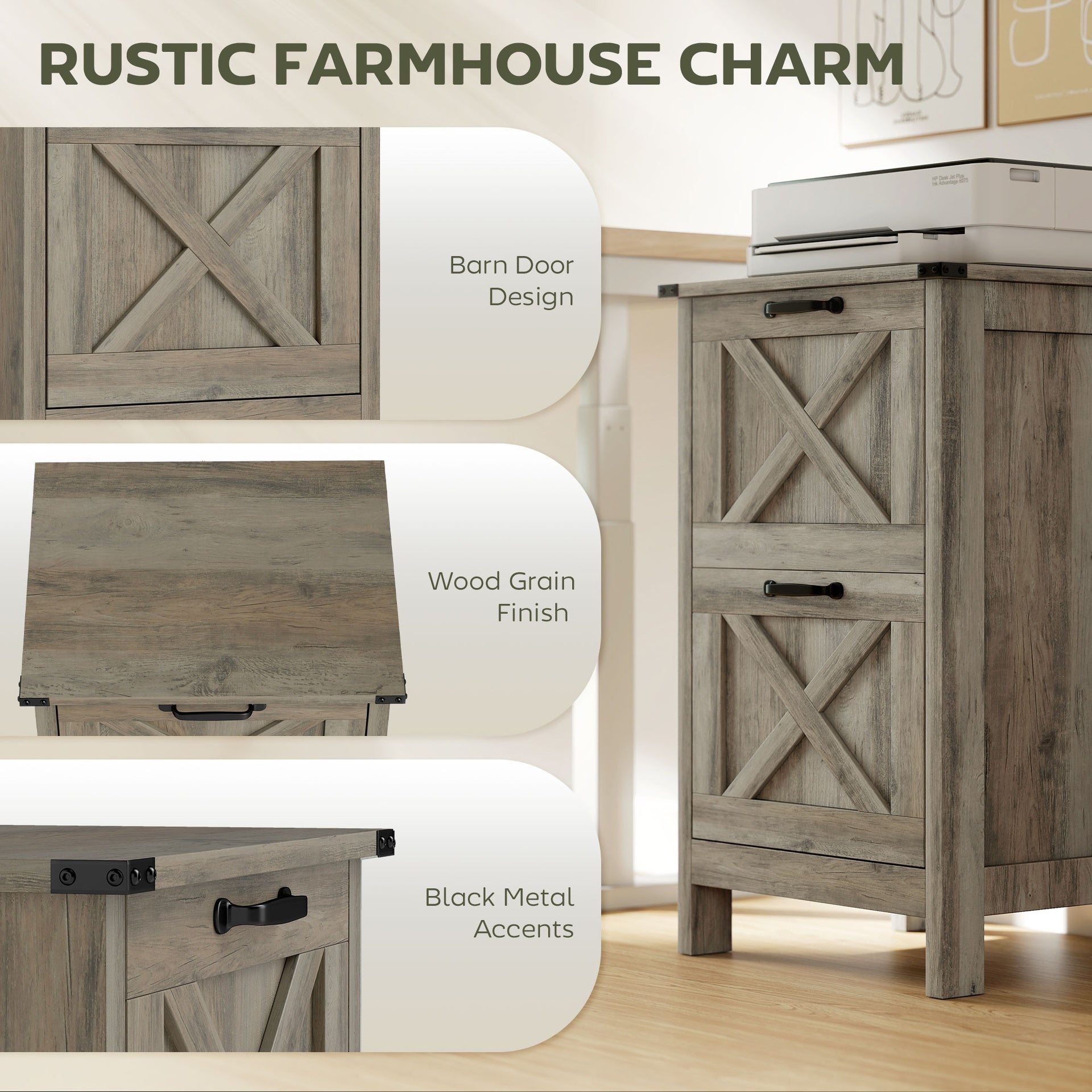 HOMCOM Vertical File Cabinet with 2 Drawers, Rustic Farmhouse Office Storage Cabinet for A4, Letter Size, Distressed Gray