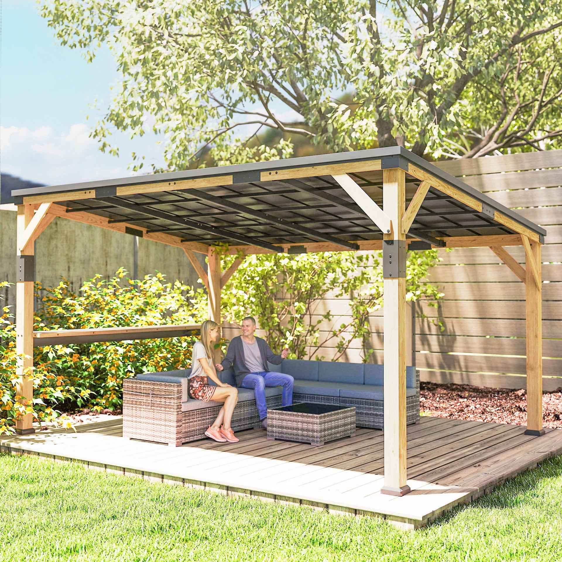 Outsunny 10' x 14' Wooden Gazebo, Hardtop Lean-to Gazebo Pergola with Galvanized Steel Sloped Roof, Bar Shelf, Natural Wood