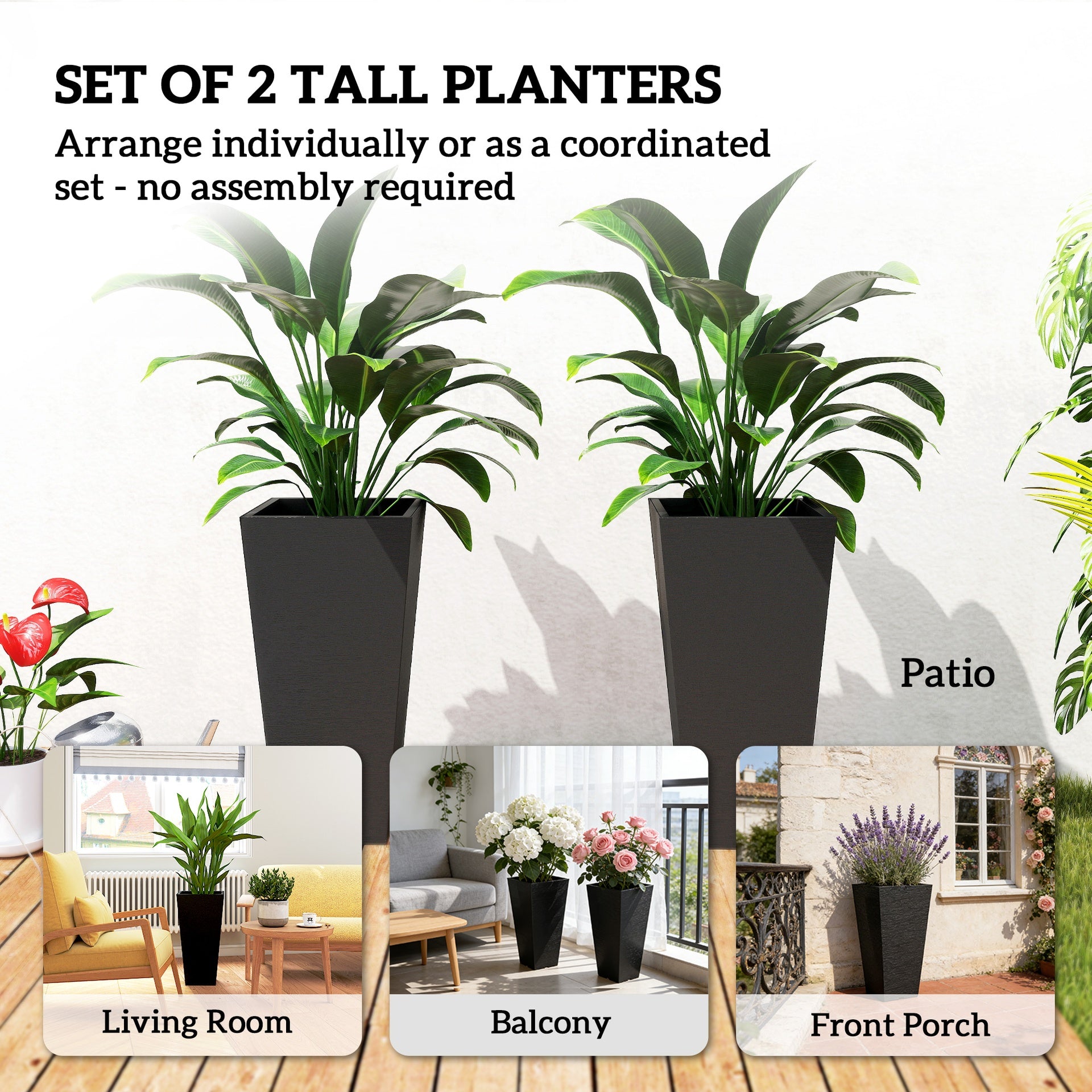 Outsunny 23 Inch Tall Planters for Outdoor Plants, Set of 2 Plastic Flower Pots, for Front Door Patio Garden Use, Black