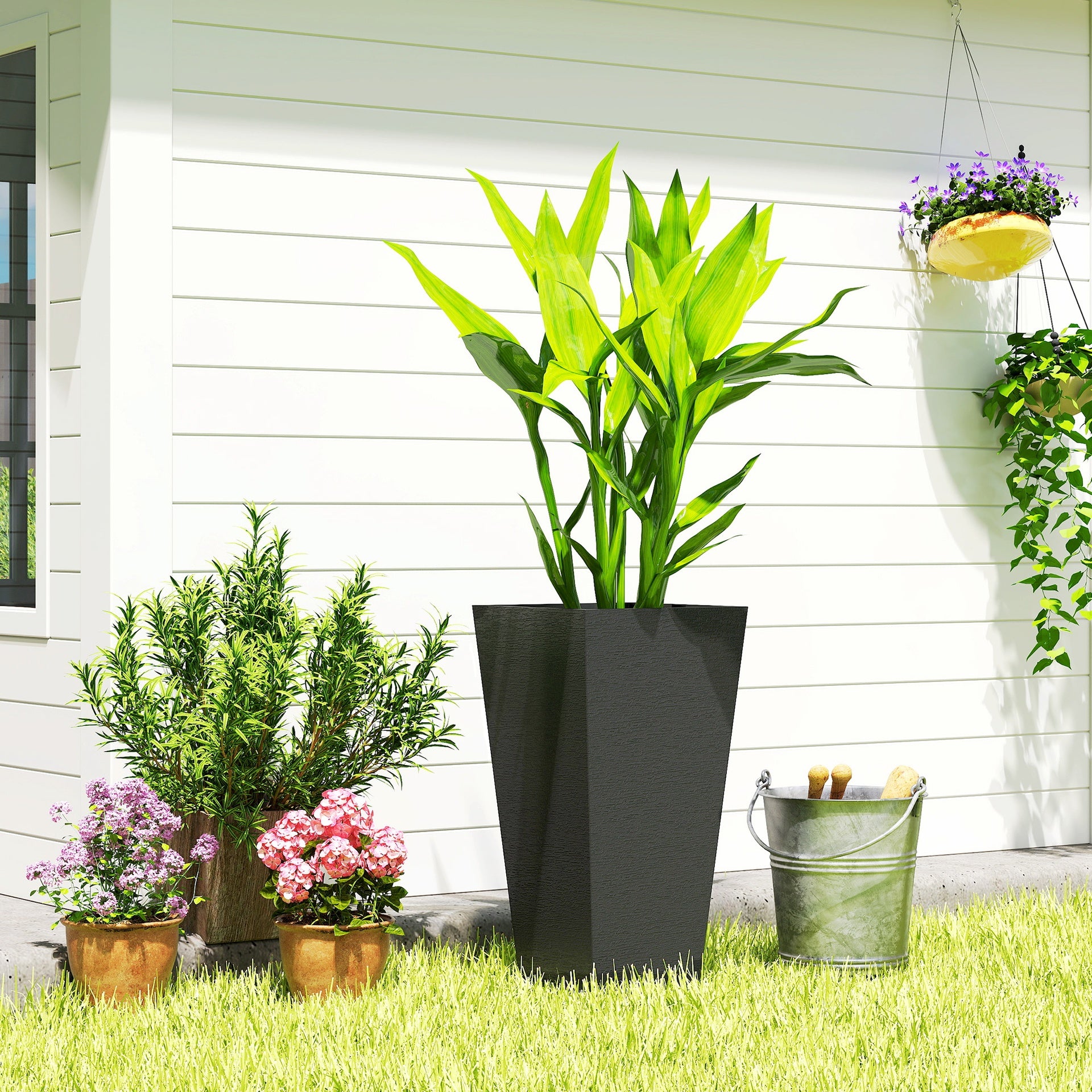 Outsunny 23 Inch Tall Planters for Outdoor Plants, Set of 2 Plastic Flower Pots, for Front Door Patio Garden Use, Black