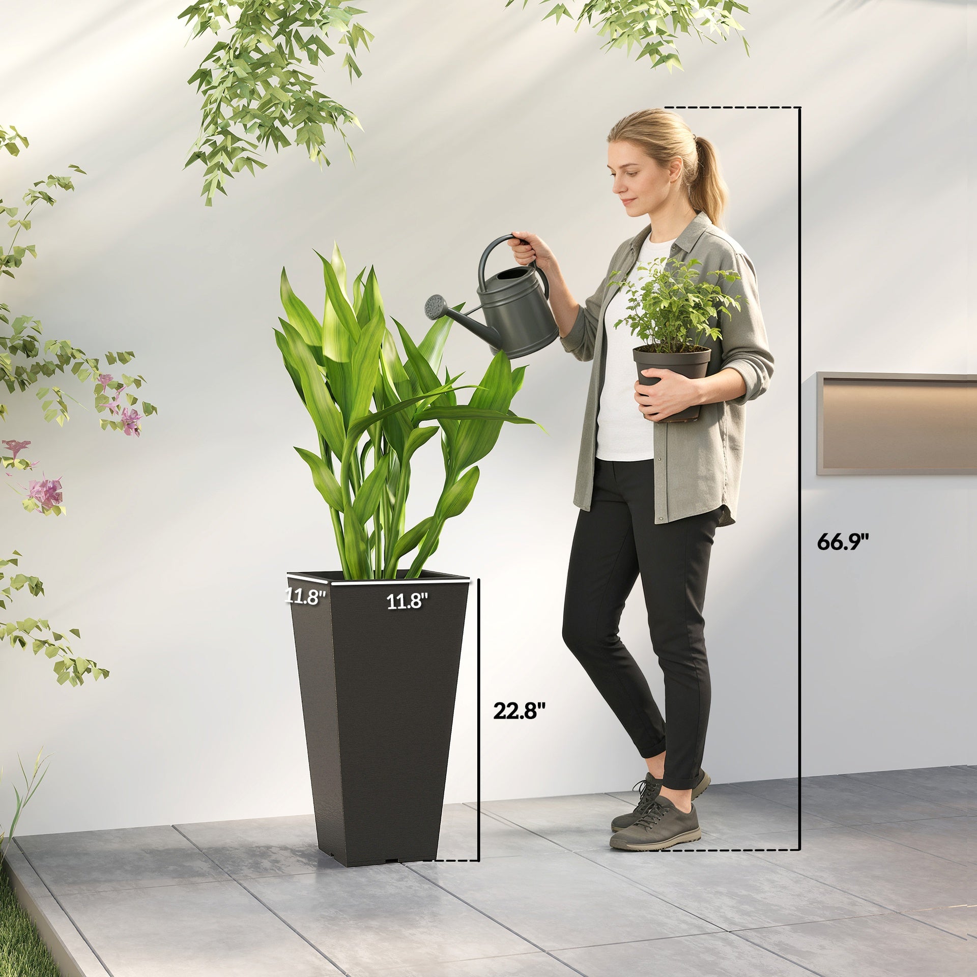 Outsunny 23 Inch Tall Planters for Outdoor Plants, Set of 2 Plastic Flower Pots, for Front Door Patio Garden Use, Black