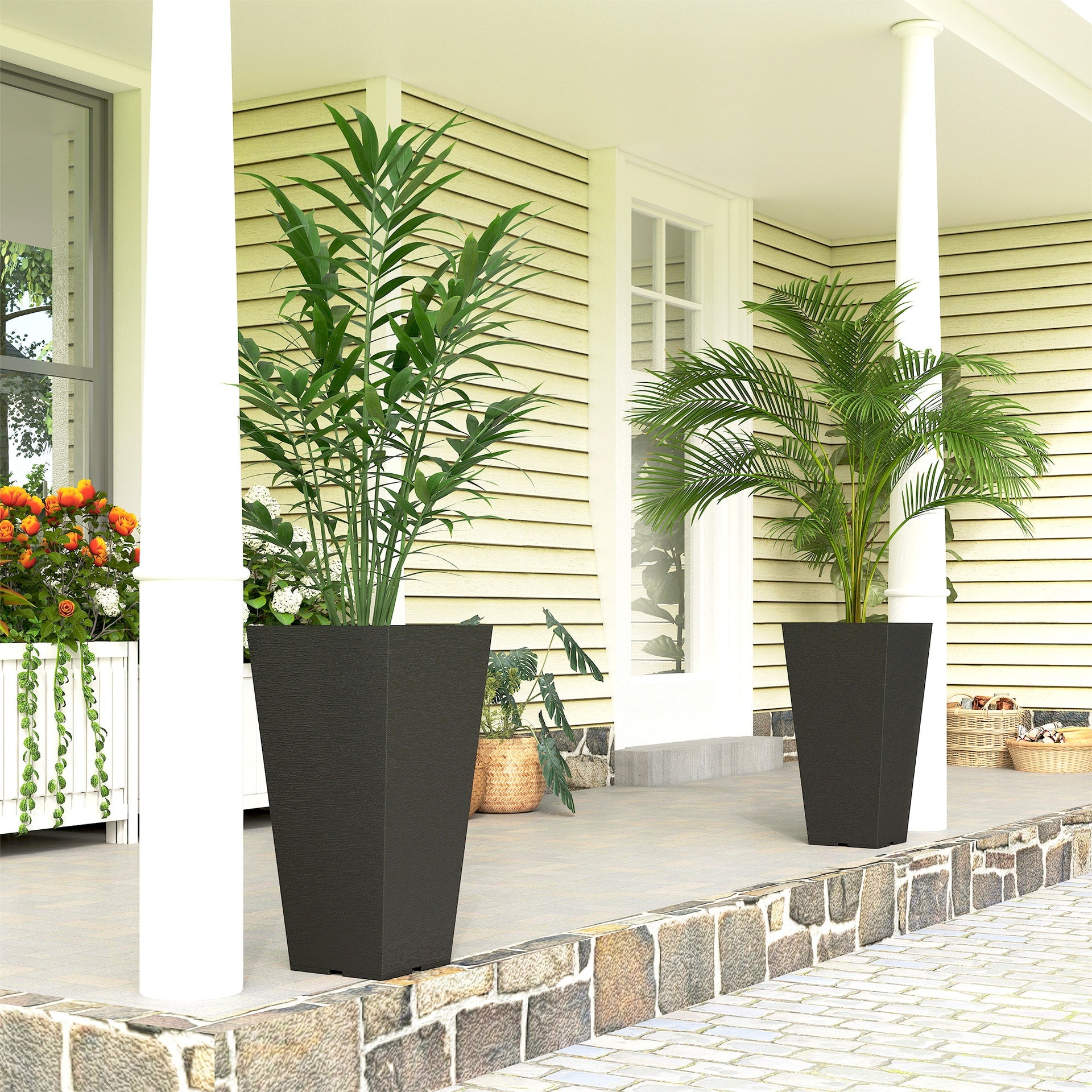 Outsunny 23 Inch Tall Planters for Outdoor Plants, Set of 2 Plastic Flower Pots, for Front Door Patio Garden Use, Black