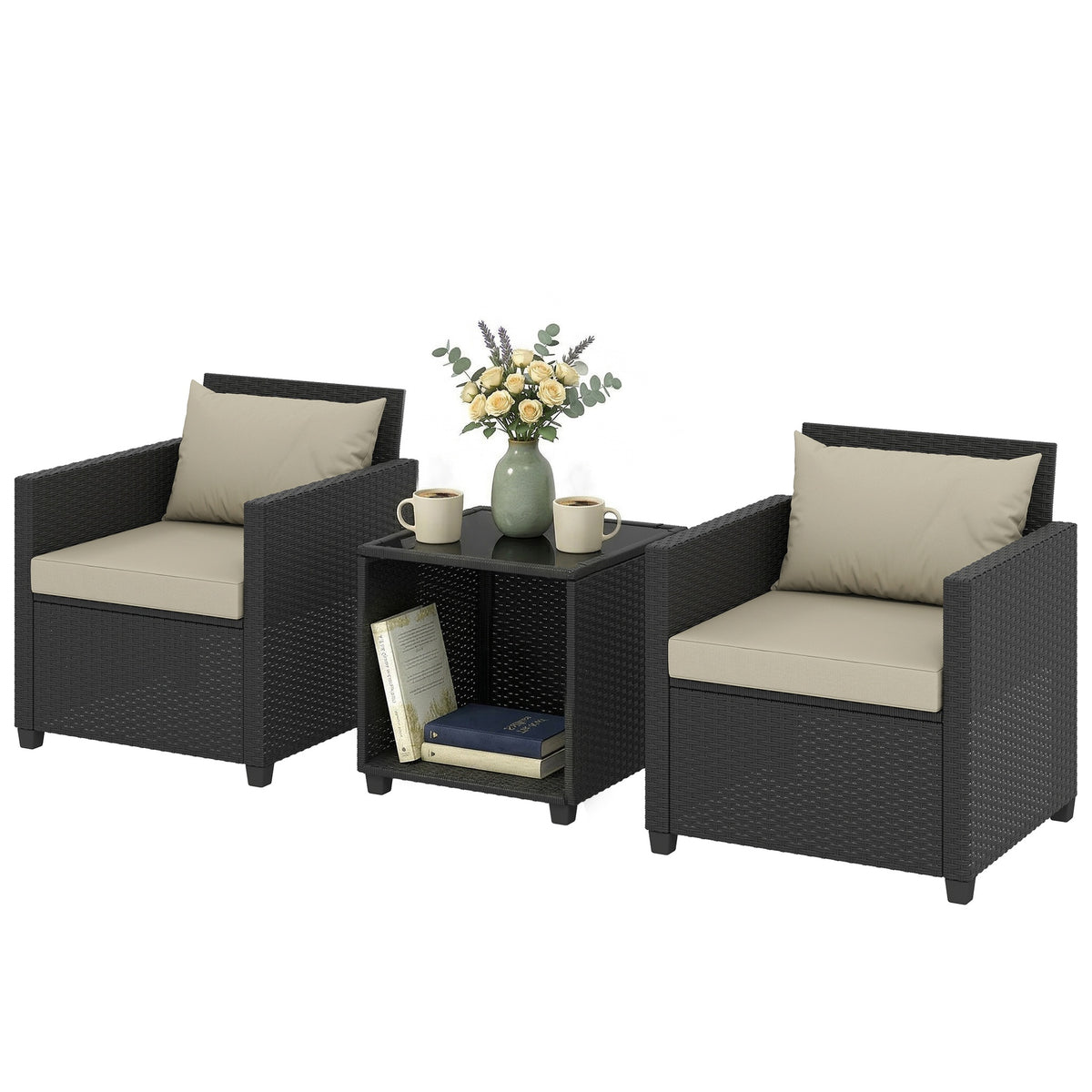 Outsunny 3 Piece Patio Bistro Set, Wicker Furniture Set with Thick Cushions, Glass Coffee Table and Chairs for Garden, Beige