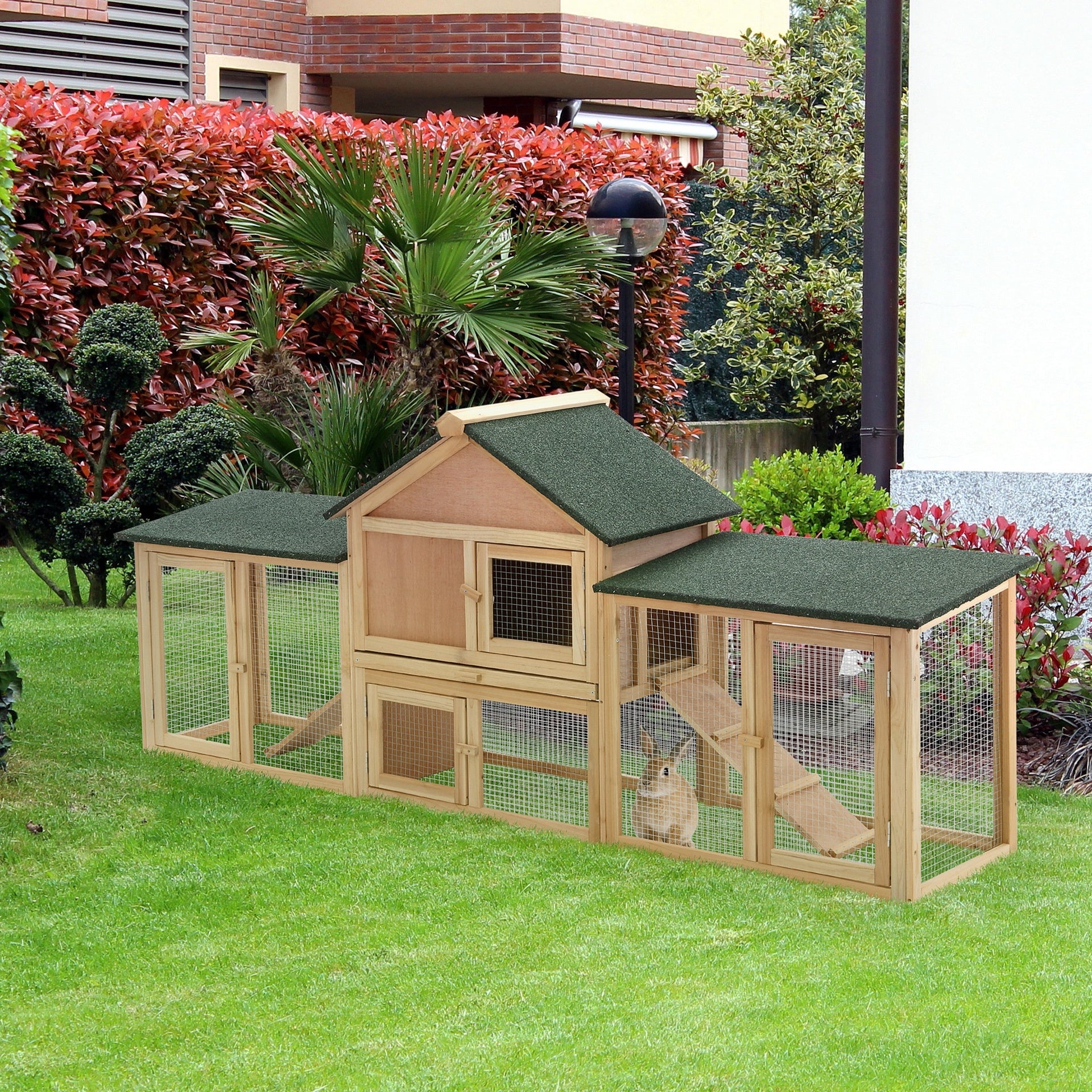 PawHut Rabbit Cage Outdoor, Rabbit House 83" 2 Story Deluxe XL Wooden Rabbit Hutch Big Bunny Cage w/ Ladder and Run