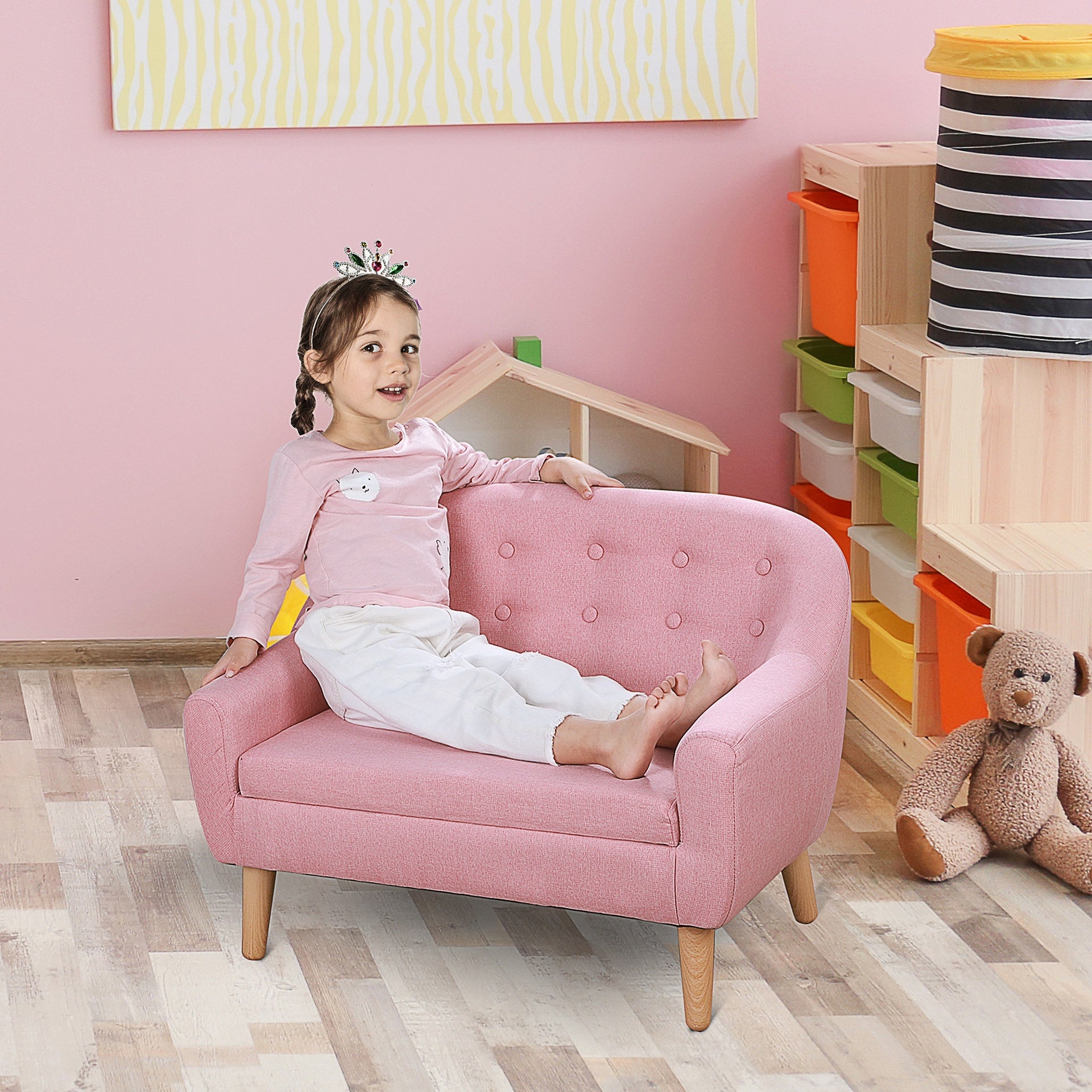 Qaba 2-Seat Kids Sofa, Toddler Sofa Couch, Linen-Like Fabric & Wood Frame Sofa Chair for Ages 3-7, 11" High Seat, Pink
