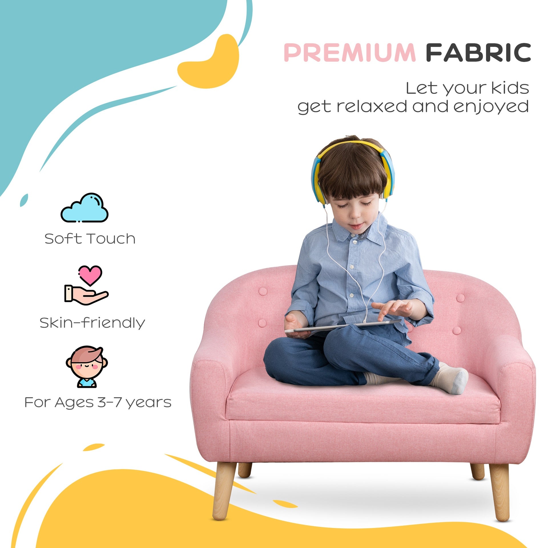 Qaba 2-Seat Kids Sofa, Toddler Sofa Couch, Linen-Like Fabric & Wood Frame Sofa Chair for Ages 3-7, 11" High Seat, Pink