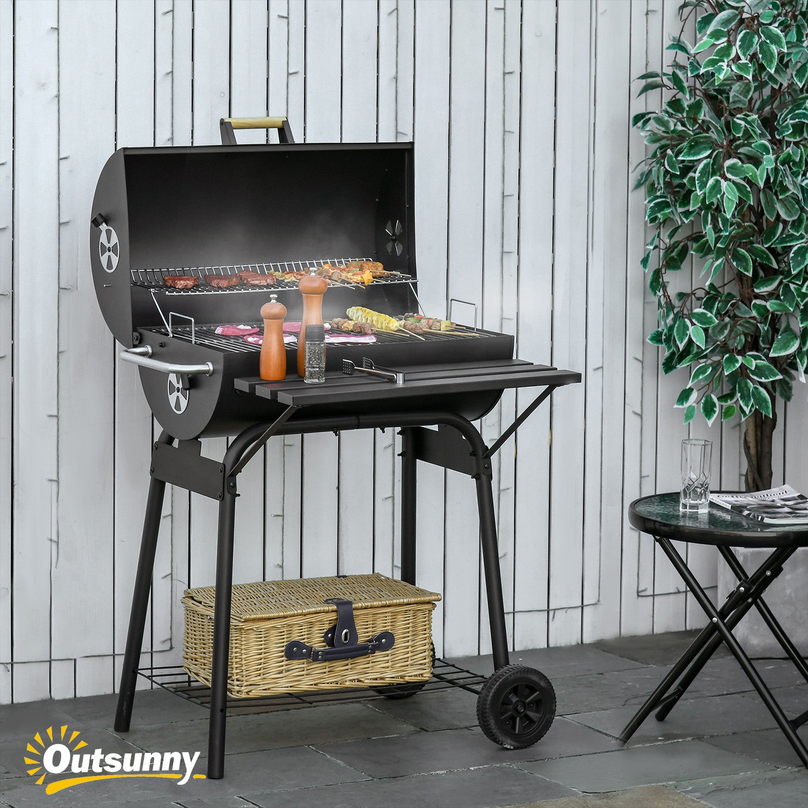 Outsunny 30" Portable Charcoal Barbecue Grill with Wheels Outdoor Barbecue with Adjustable Charcoal Rack, Storage Shelf, for Garden Camping Picnic