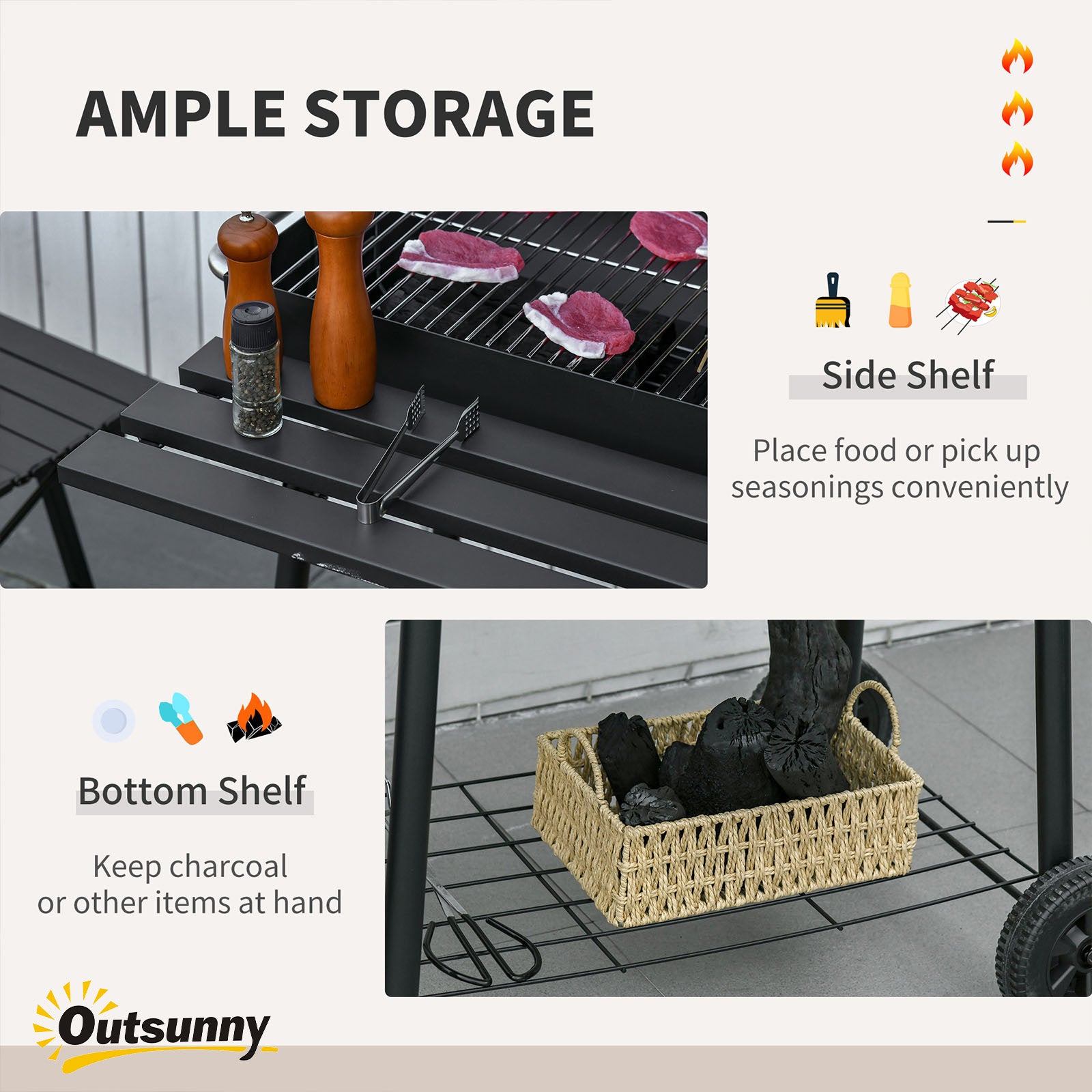 Outsunny 30" Portable Charcoal Barbecue Grill with Wheels Outdoor Barbecue with Adjustable Charcoal Rack, Storage Shelf, for Garden Camping Picnic