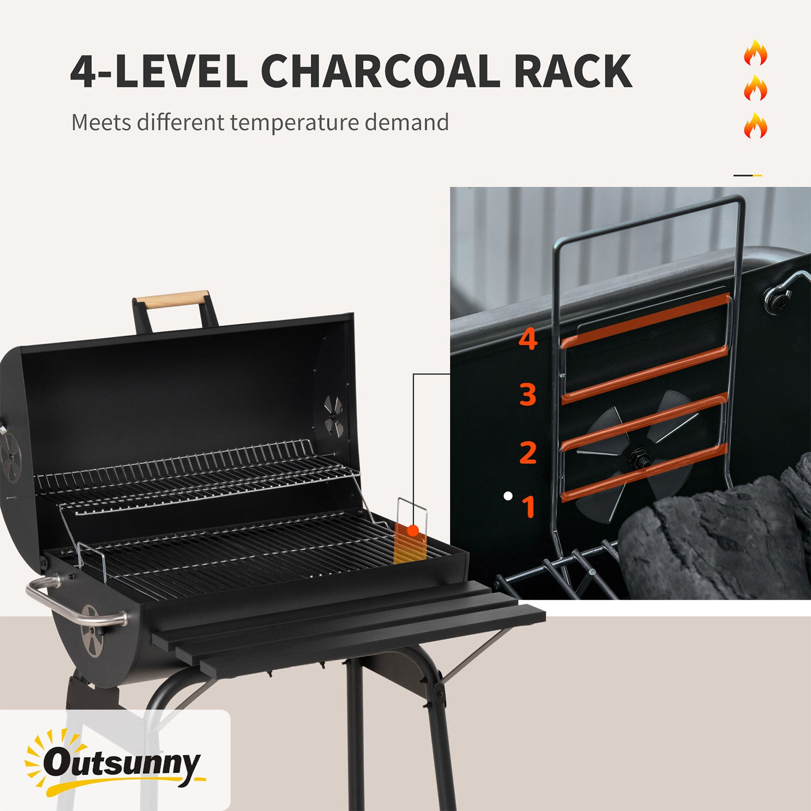 Outsunny 30" Portable Charcoal Barbecue Grill with Wheels Outdoor Barbecue with Adjustable Charcoal Rack, Storage Shelf, for Garden Camping Picnic