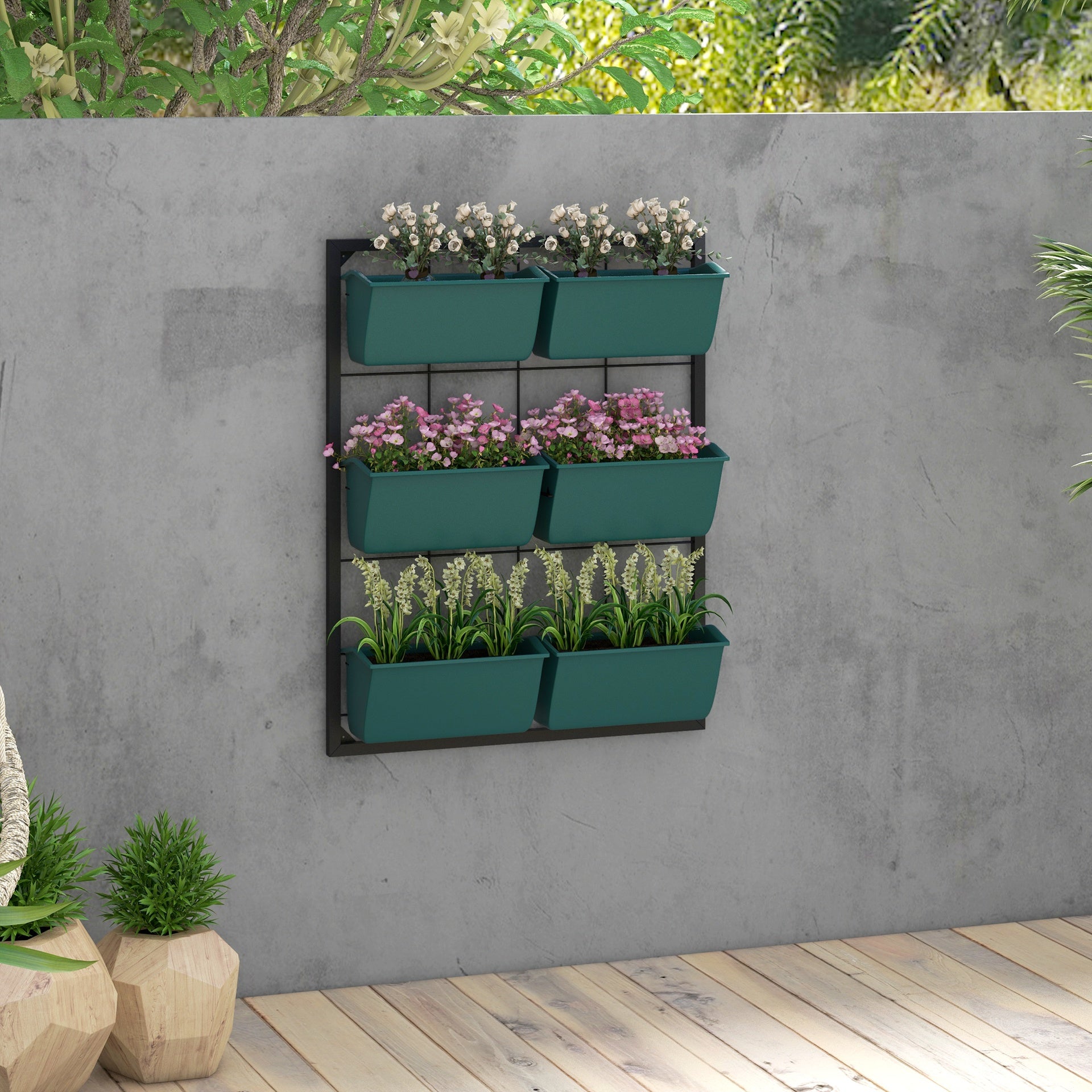 Outsunny 3-Tier Hanging Planter with 6 Pots for Indoor and Outdoor Use, Wall Planter, Self Draining & Wall Mounted, Green