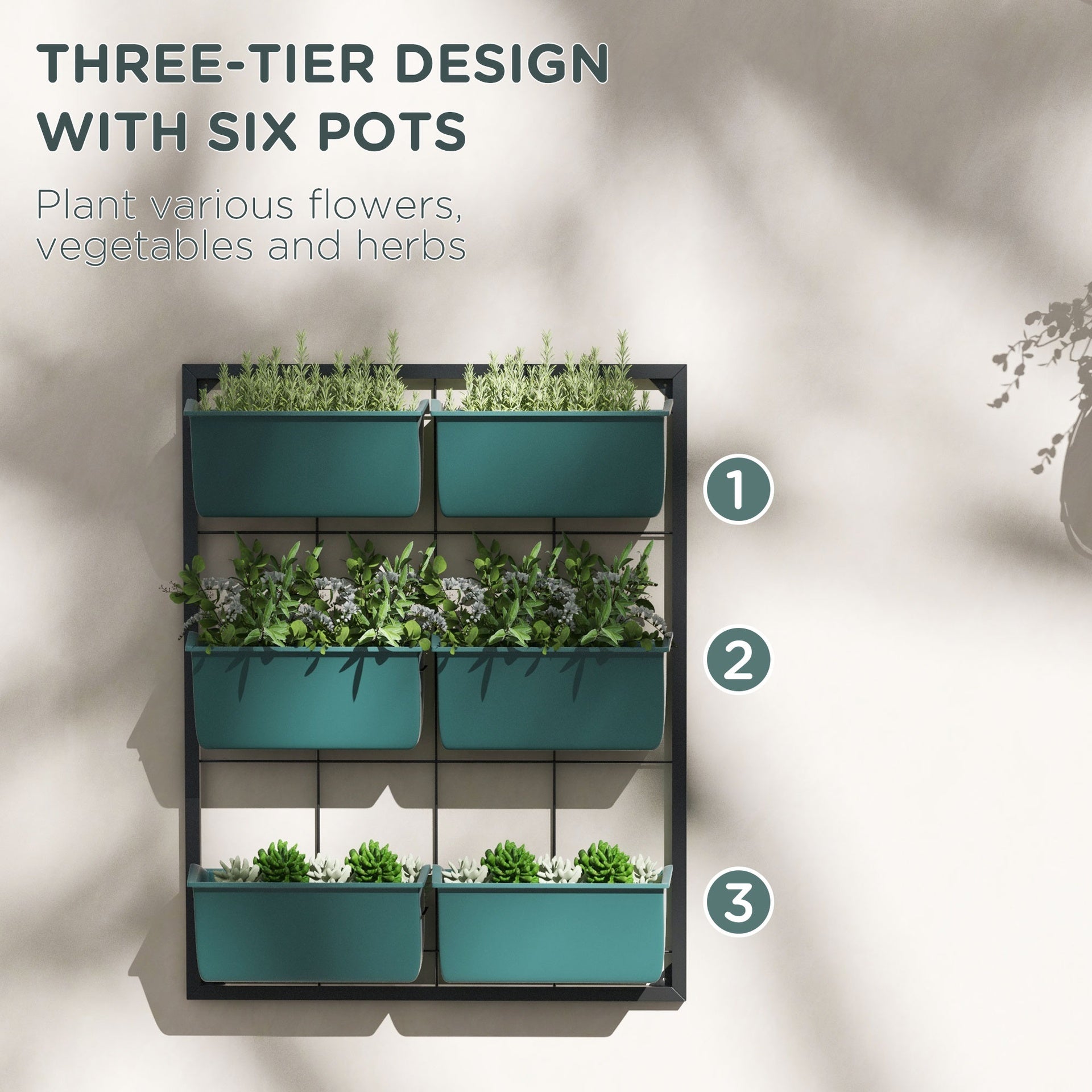 Outsunny 3-Tier Hanging Planter with 6 Pots for Indoor and Outdoor Use, Wall Planter, Self Draining & Wall Mounted, Green