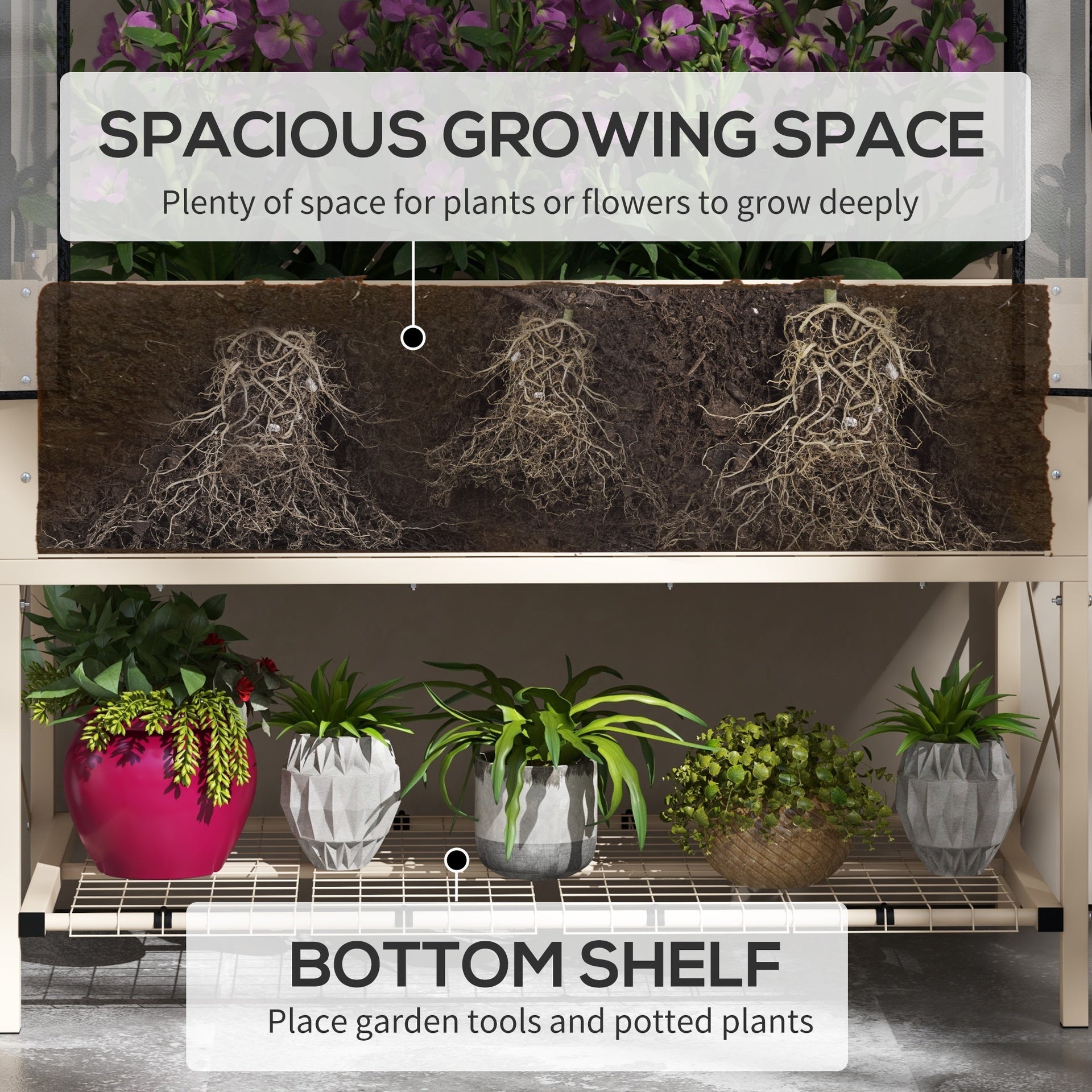 Outsunny Raised Garden Bed with Legs and Cover, Metal Elevated Planter Box with Bottom Shelf and Liner for Vegetables, Cream