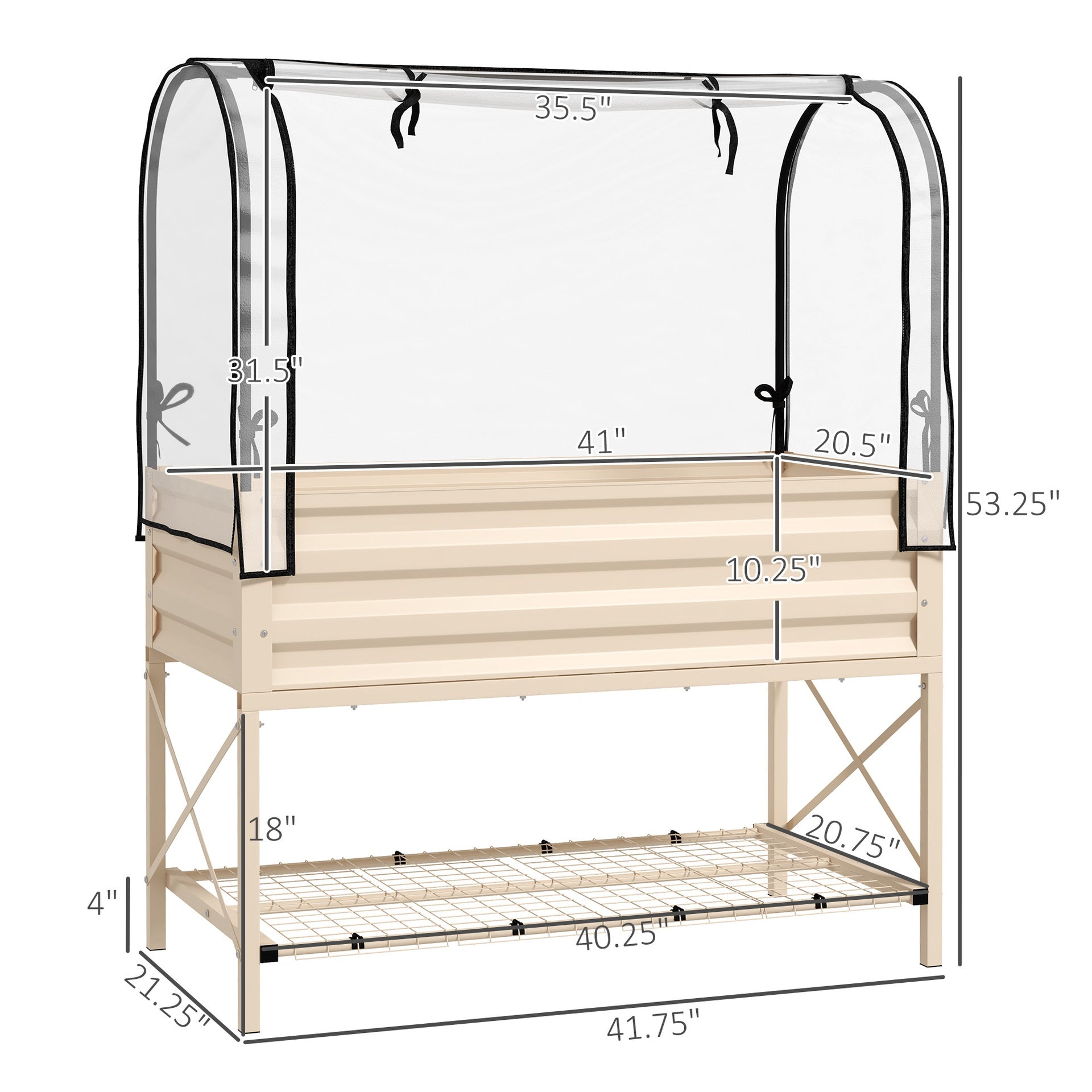 Outsunny Raised Garden Bed with Legs and Cover, Metal Elevated Planter Box with Bottom Shelf and Liner for Vegetables, Cream