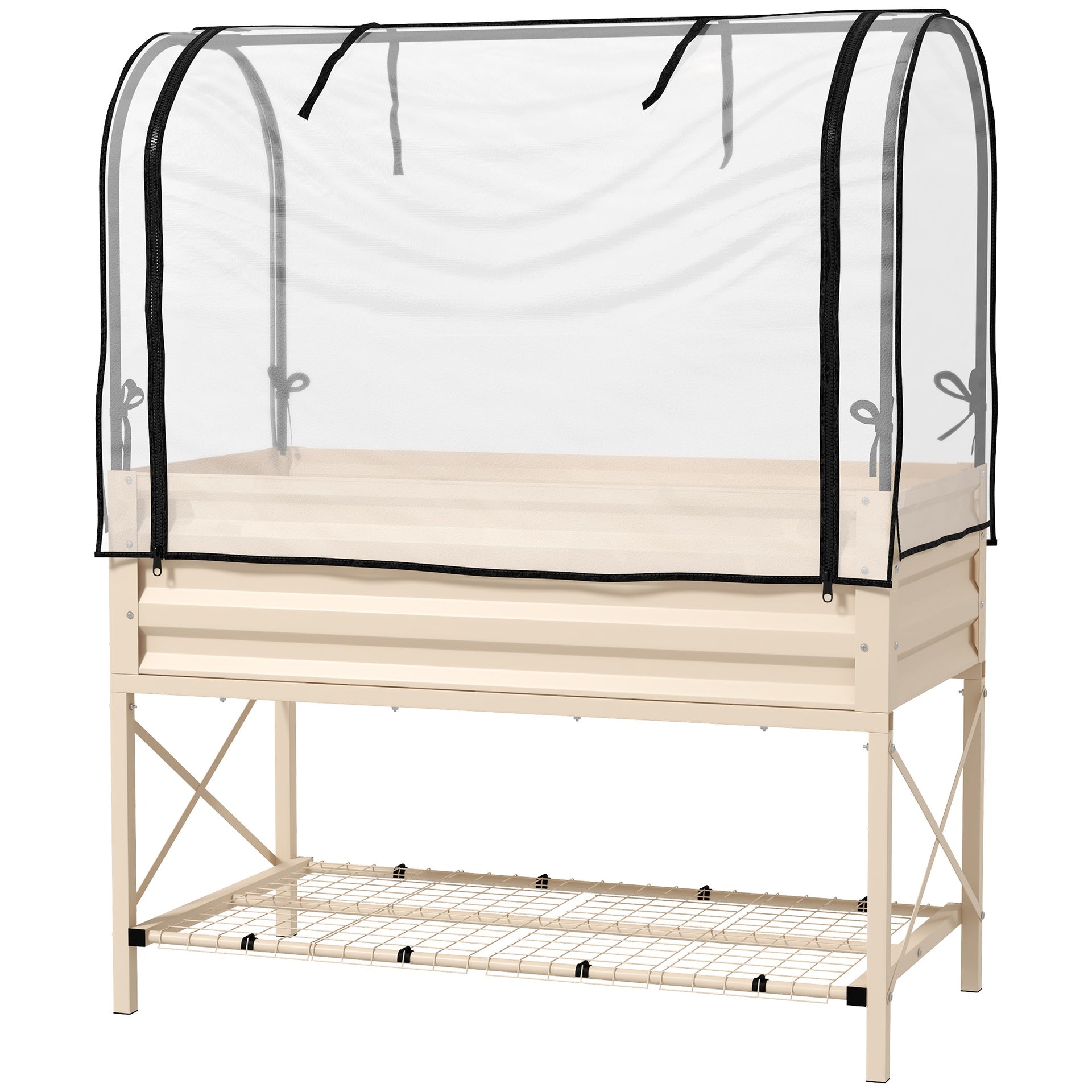 Outsunny Raised Garden Bed with Legs and Cover, Metal Elevated Planter Box with Bottom Shelf and Liner for Vegetables, Cream
