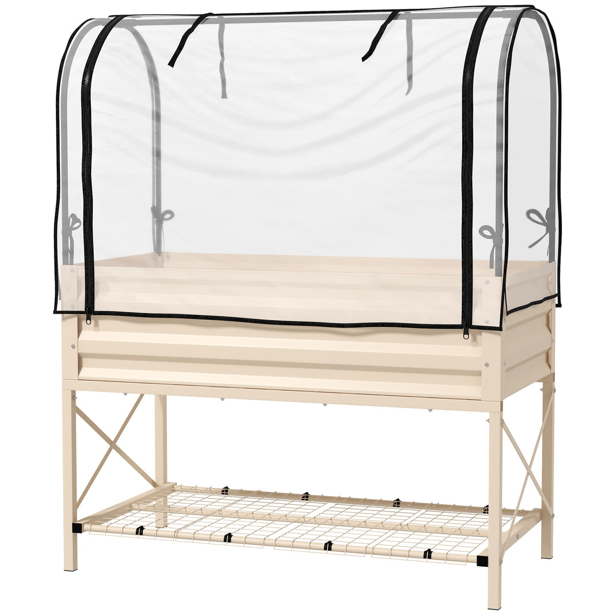 Outsunny Raised Garden Bed with Legs and Cover, Metal Elevated Planter Box with Bottom Shelf and Liner for Vegetables, Cream