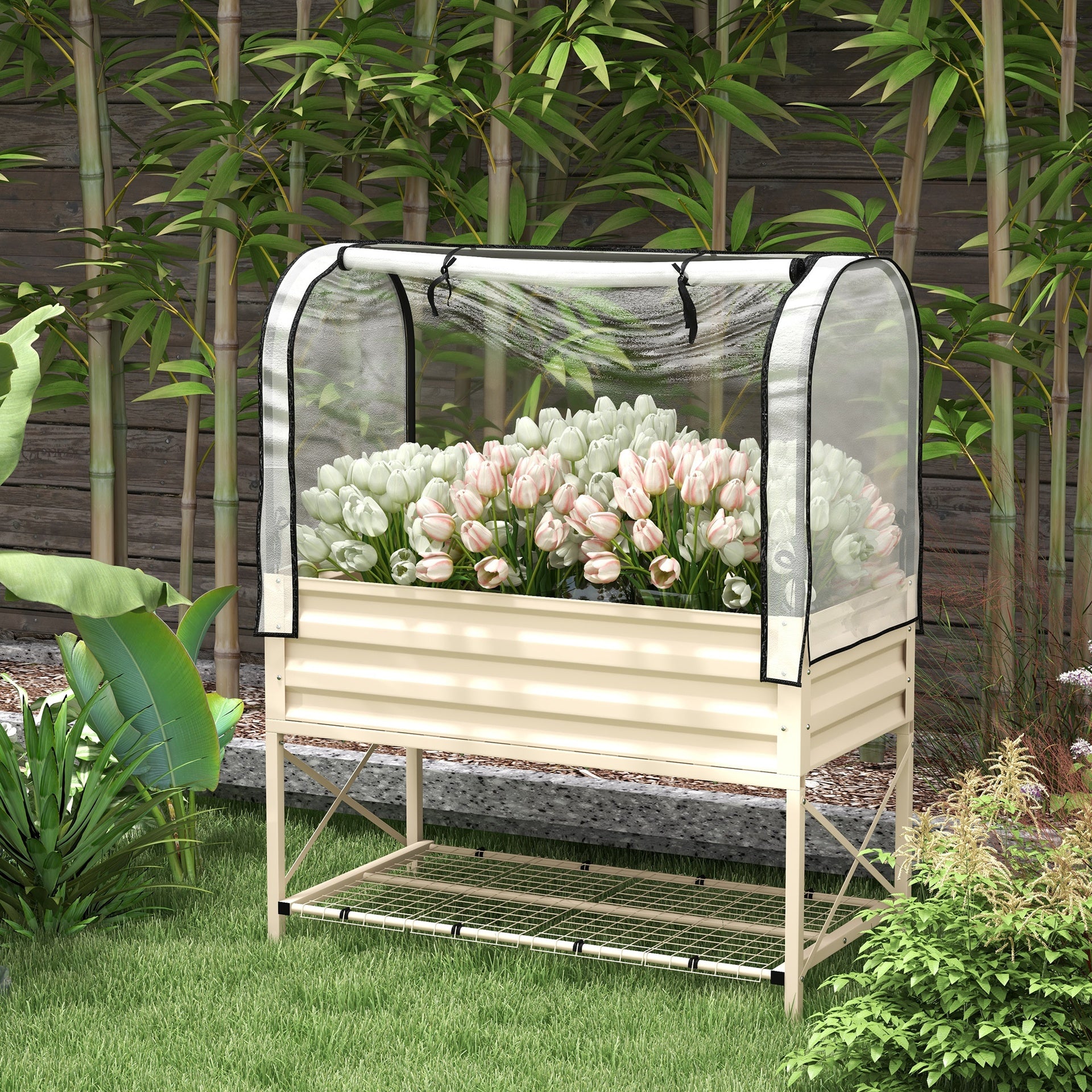 Outsunny Raised Garden Bed with Legs and Cover, Metal Elevated Planter Box with Bottom Shelf and Liner for Vegetables, Cream
