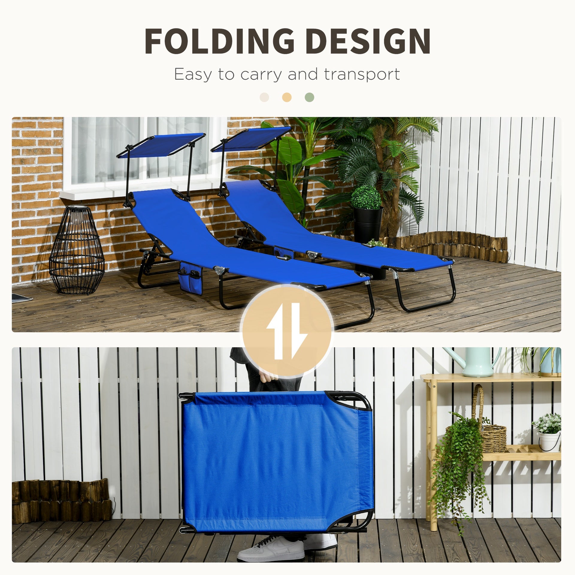 Outsunny Pool Chaise Lounge Chairs Set of 2, Folding Lounge Chairs with Sunshade, Reclining Back, Steel Frame, Blue