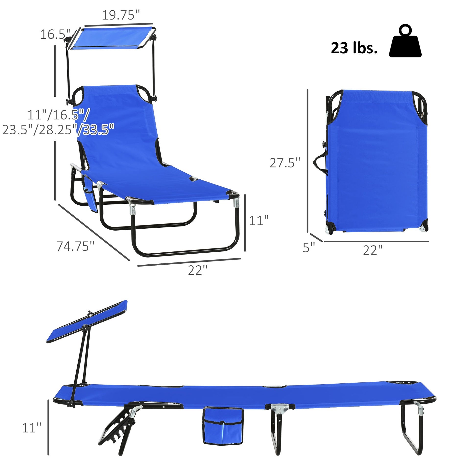 Outsunny Pool Chaise Lounge Chairs Set of 2, Folding Lounge Chairs with Sunshade, Reclining Back, Steel Frame, Blue