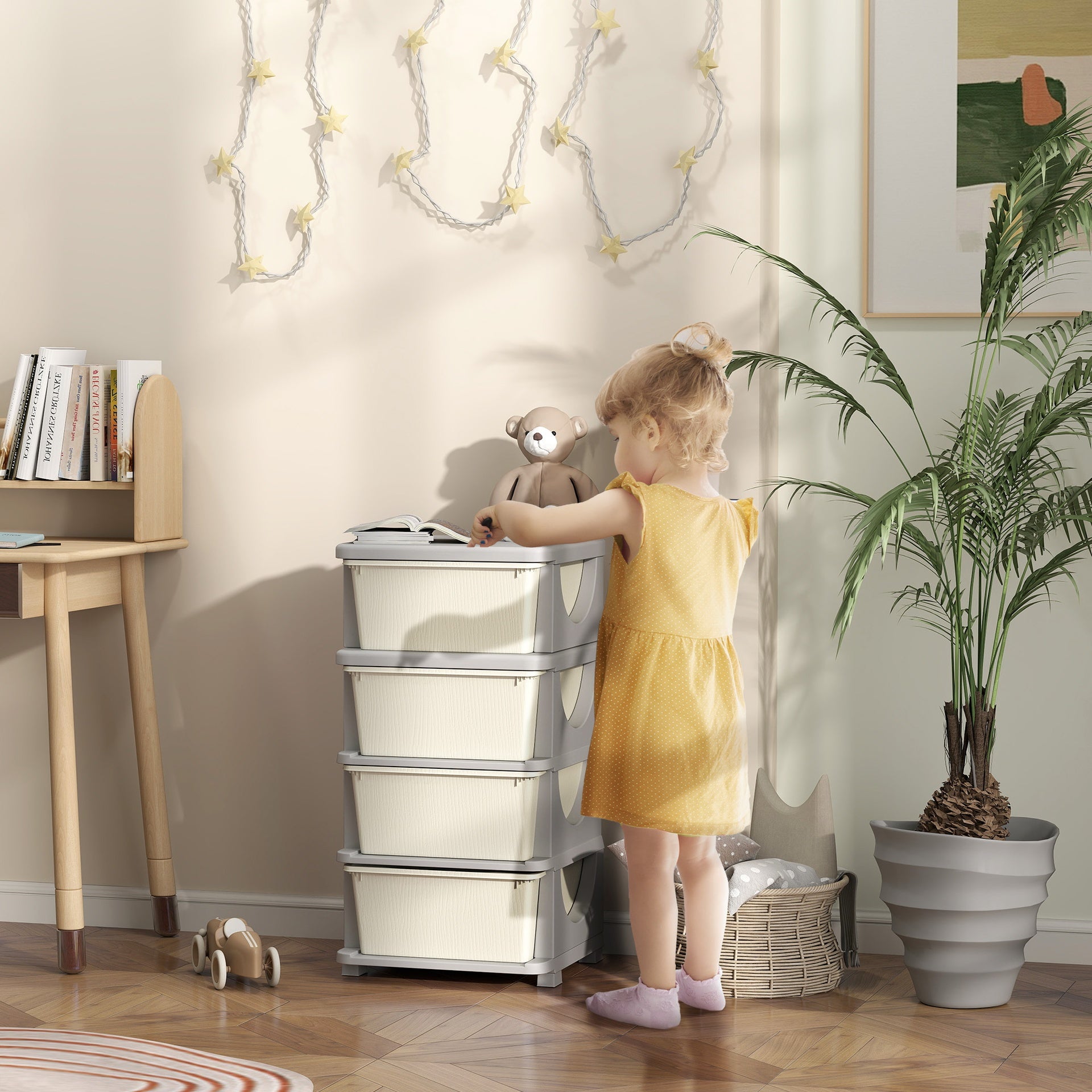 Qaba 30" 4 Tier Kids Storage Unit Dresser Tower w/ 4 Drawers, Cream White