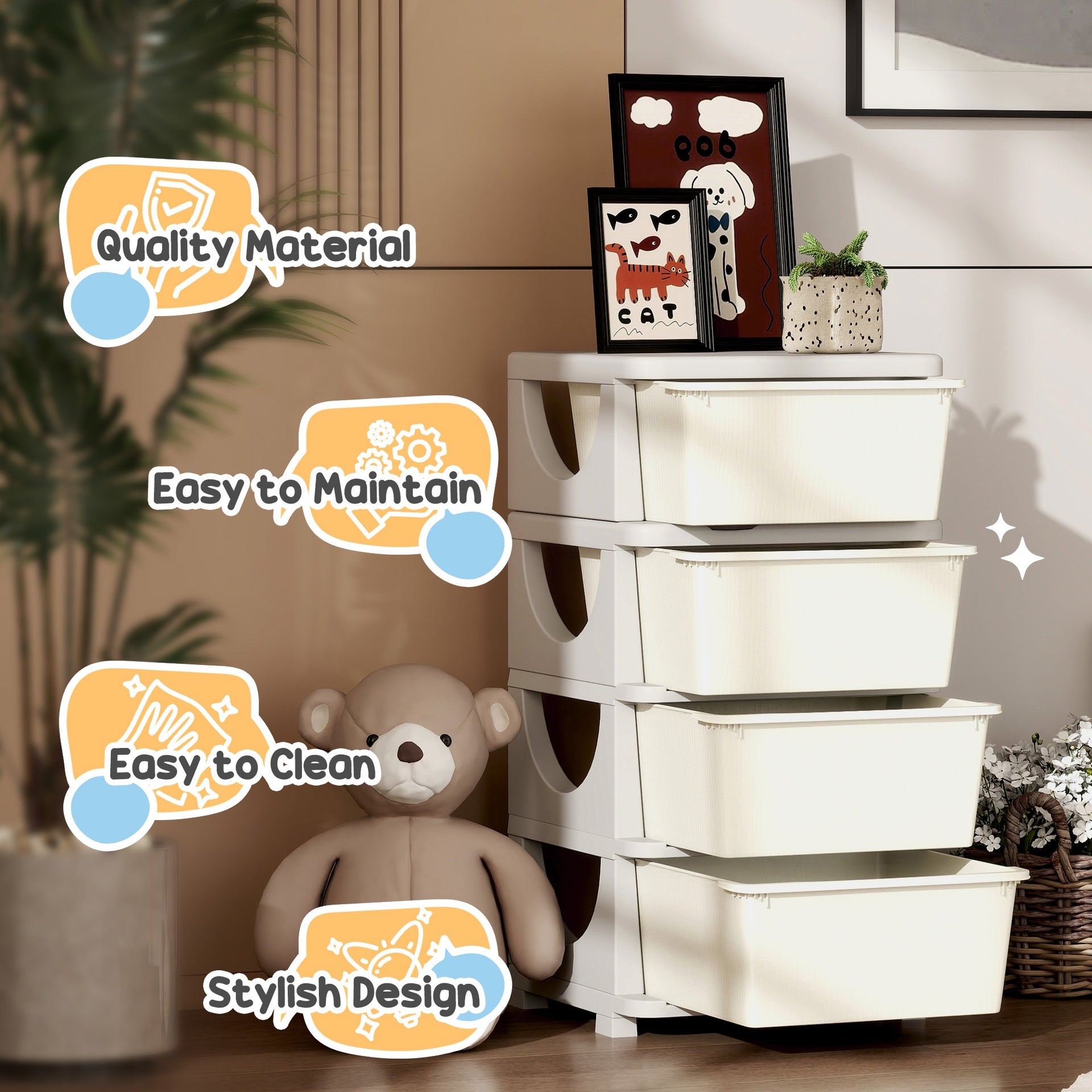 Qaba 30" 4 Tier Kids Storage Unit Dresser Tower w/ 4 Drawers, Cream White