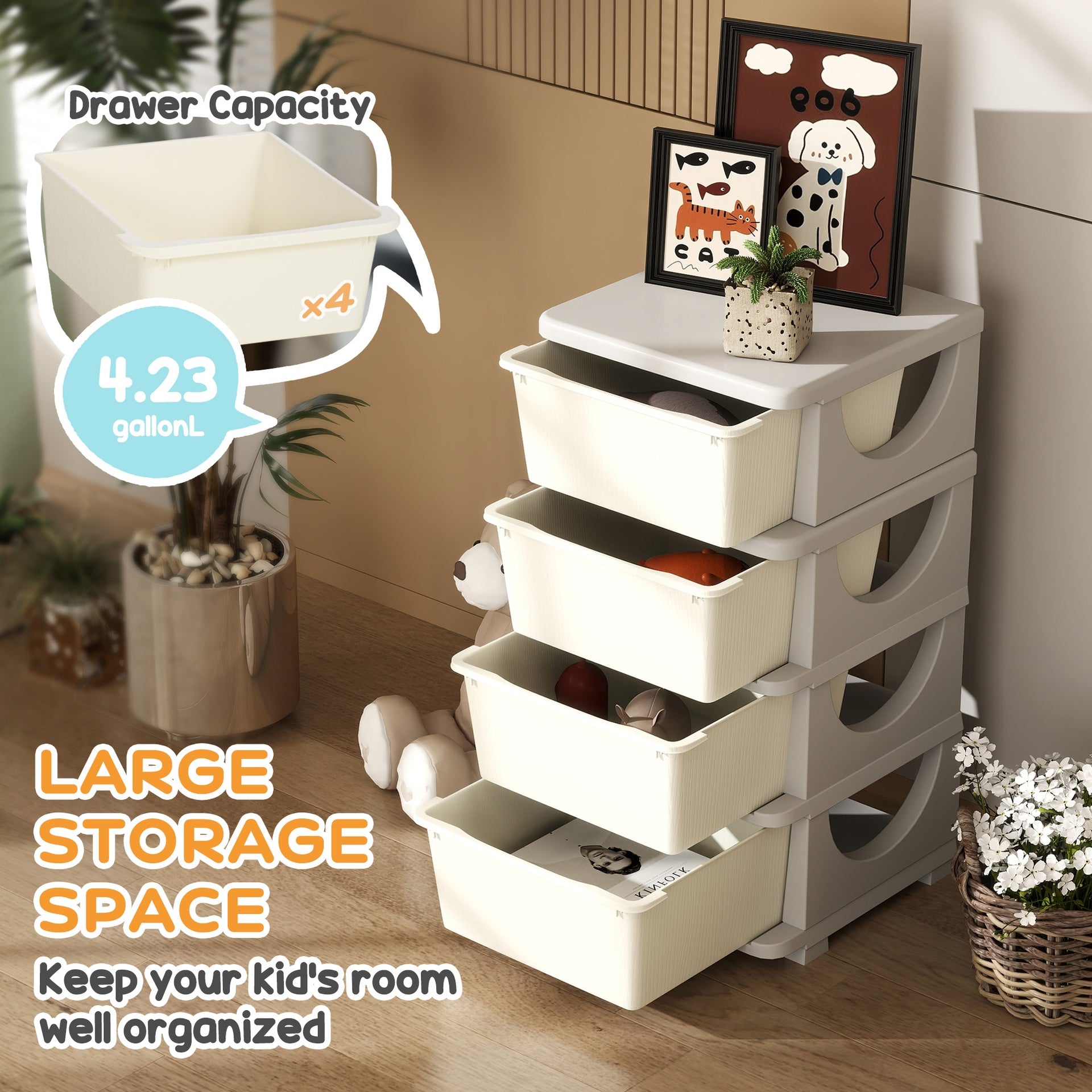 Qaba 30" 4 Tier Kids Storage Unit Dresser Tower w/ 4 Drawers, Cream White
