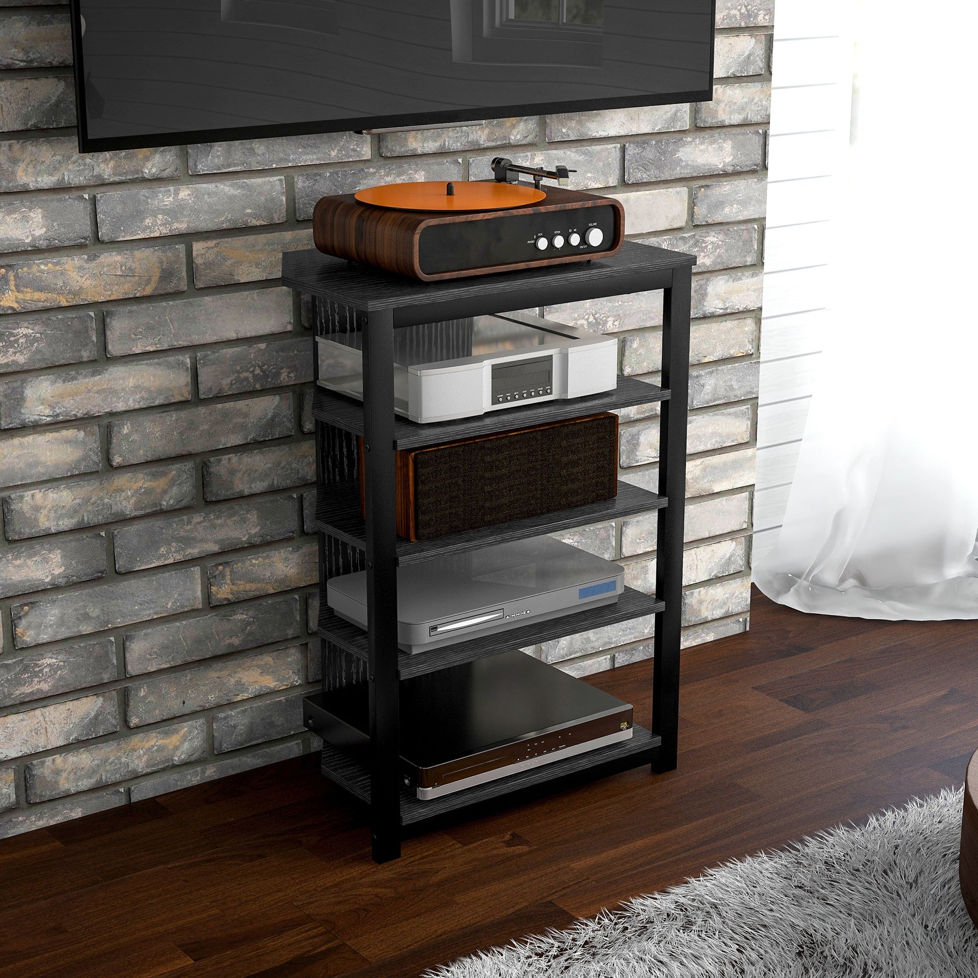 HOMCOM TV Stand, Entertainment Center with Storage Shelves and Steel Frame for Living Room, Black