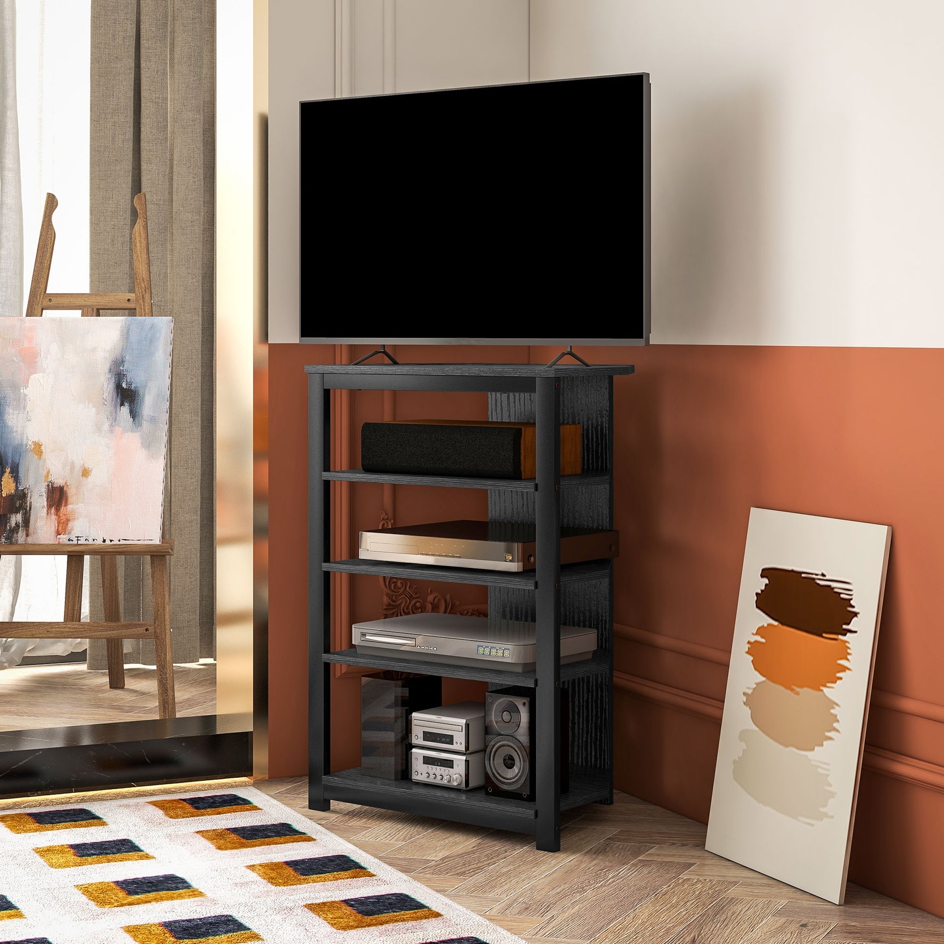 HOMCOM TV Stand, Entertainment Center with Storage Shelves and Steel Frame for Living Room, Black