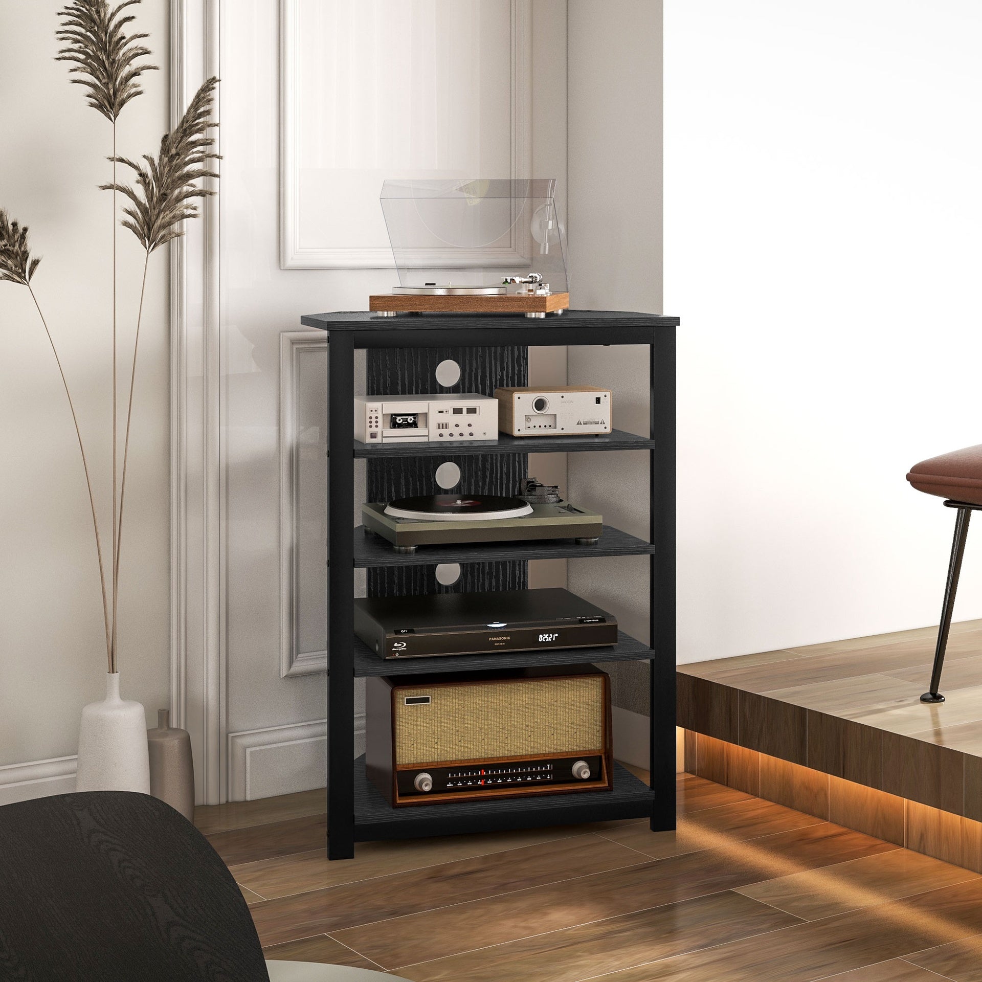 HOMCOM TV Stand, Entertainment Center with Storage Shelves and Steel Frame for Living Room, Black