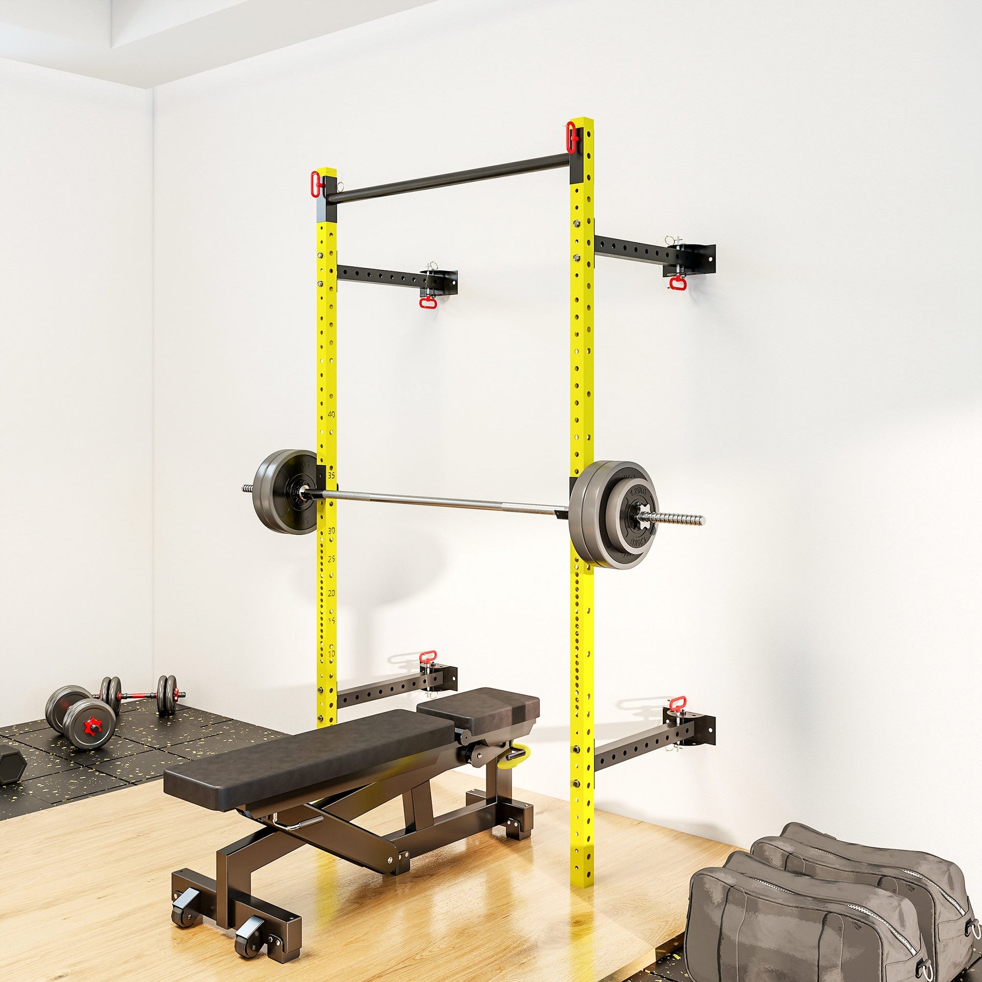Soozier Folding Squat Rack with Pull Up Bar, Wall Mounted and Adjustable, 1000 Pounds Capacity Power Rack, Yellow