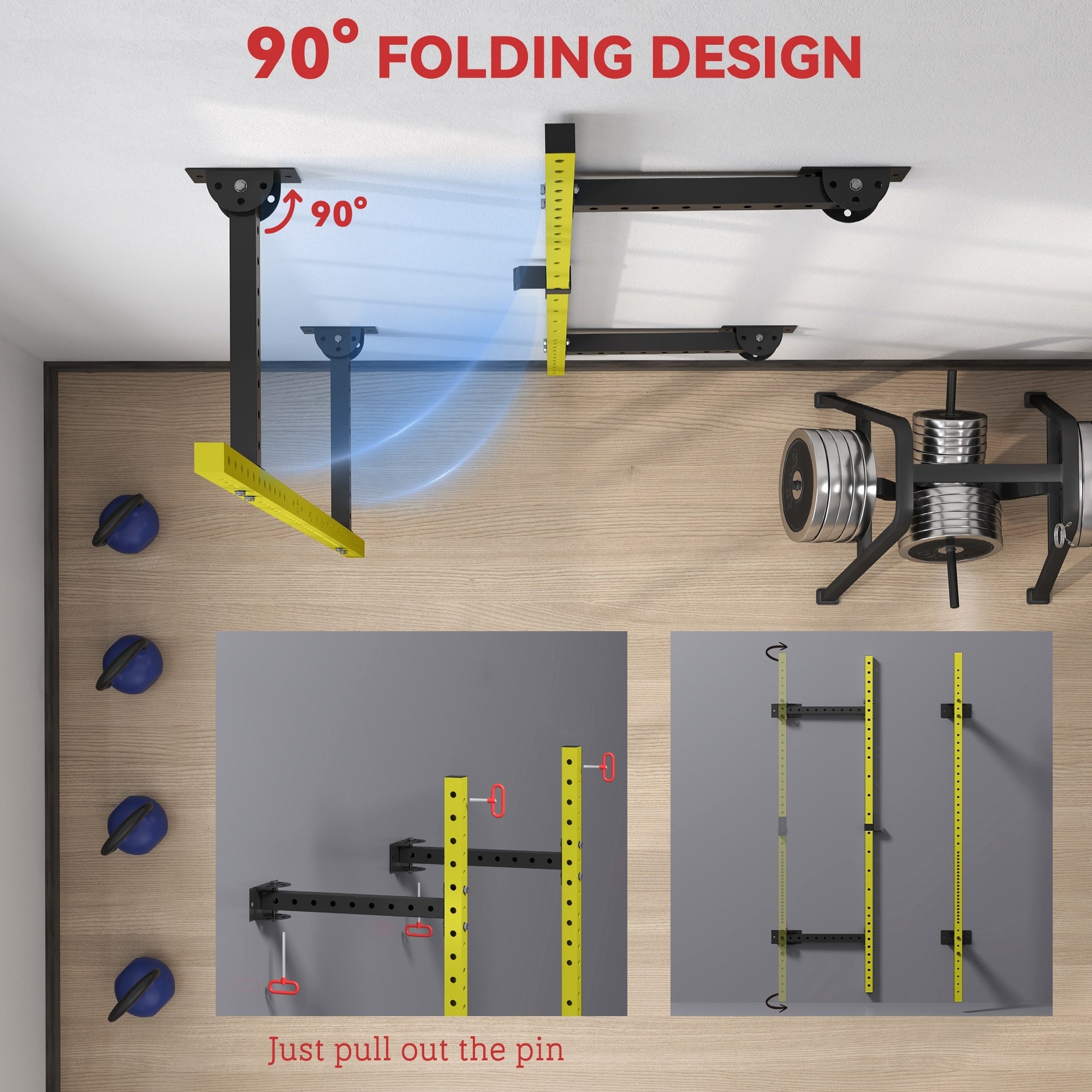 Soozier Folding Squat Rack with Pull Up Bar, Wall Mounted and Adjustable, 1000 Pounds Capacity Power Rack, Yellow