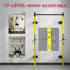 Soozier Folding Squat Rack with Pull Up Bar, Wall Mounted and Adjustable, 1000 Pounds Capacity Power Rack, Yellow
