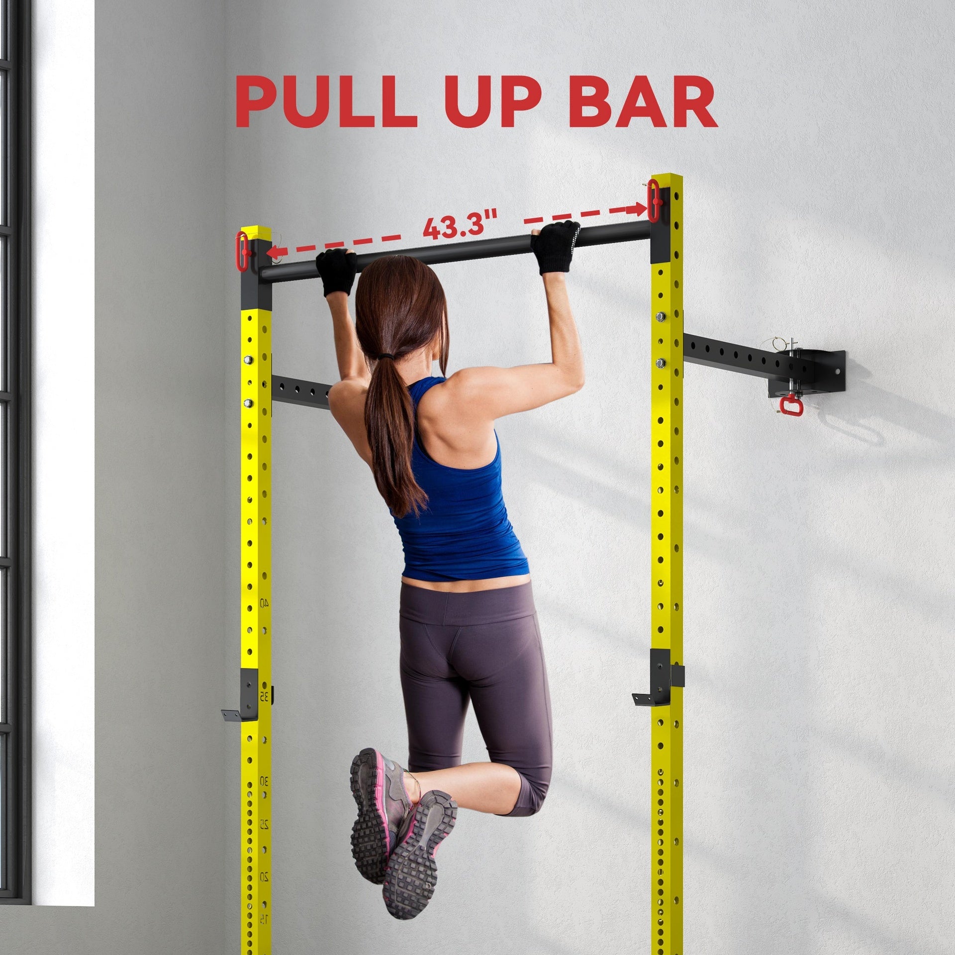 Soozier Folding Squat Rack with Pull Up Bar, Wall Mounted and Adjustable, 1000 Pounds Capacity Power Rack, Yellow