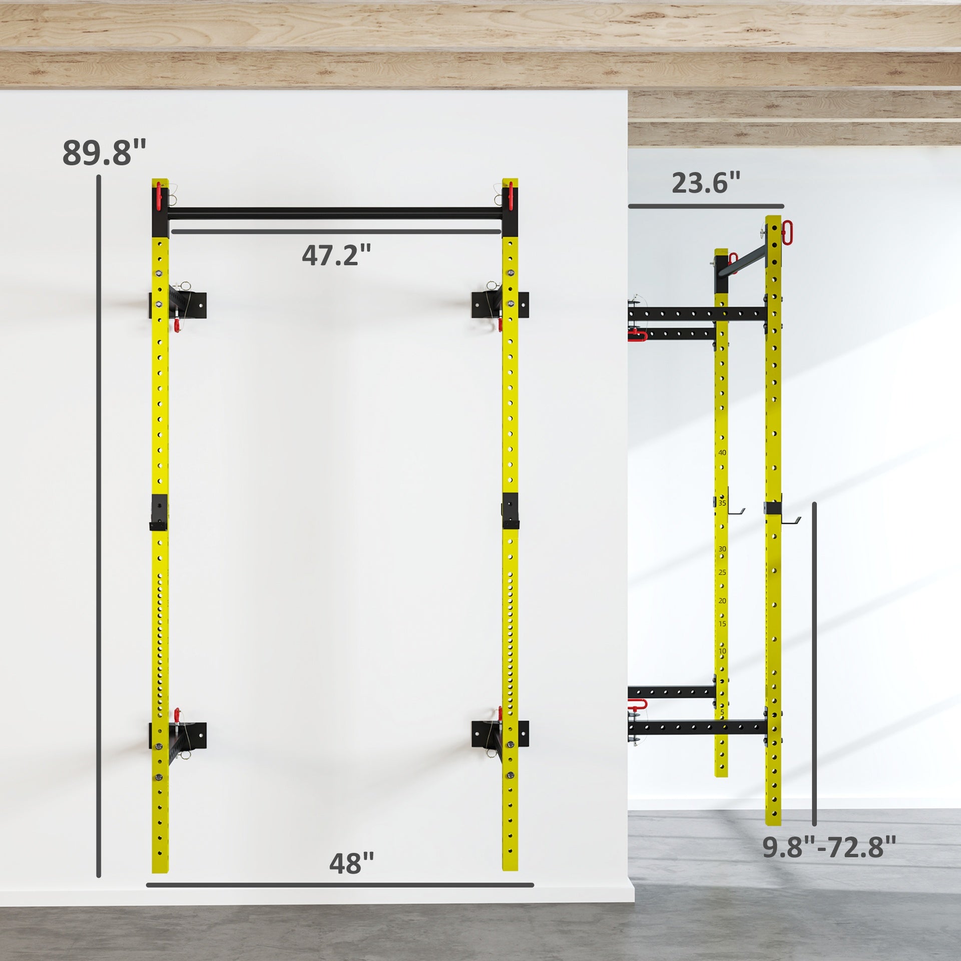 Soozier Folding Squat Rack with Pull Up Bar, Wall Mounted and Adjustable, 1000 Pounds Capacity Power Rack, Yellow