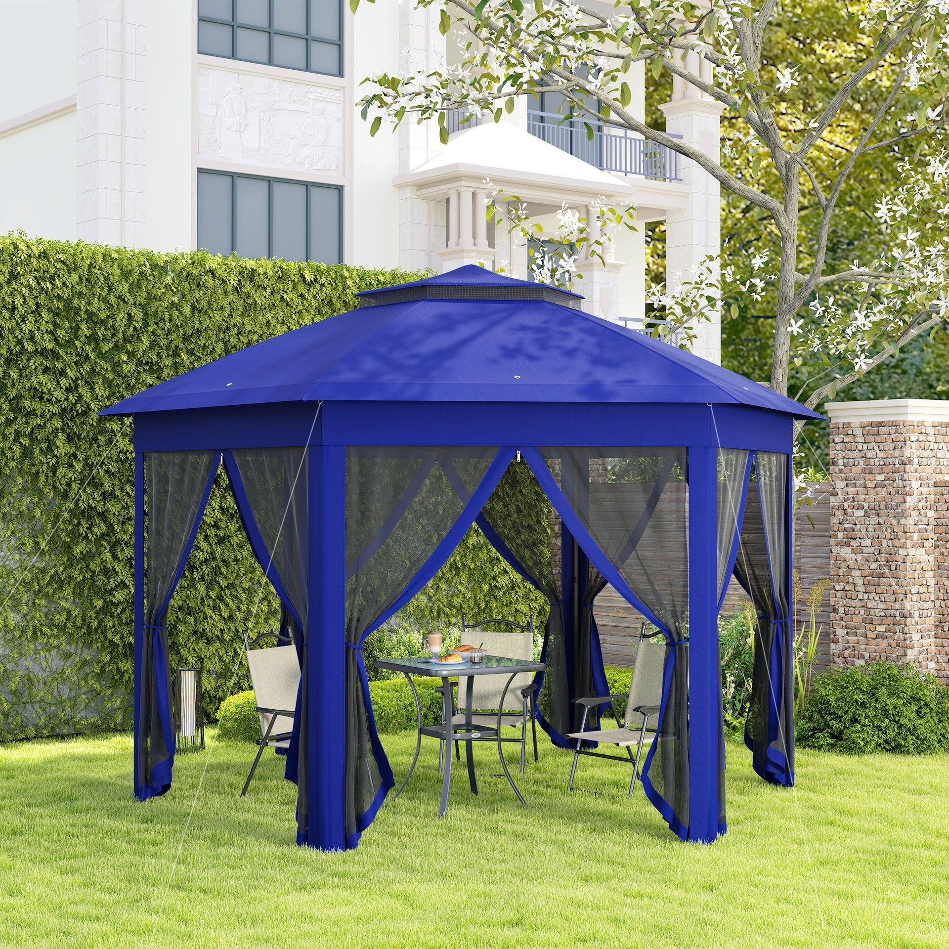 Outsunny 13' x 13' Pop Up Gazebo Hexagonal Canopy Shelter with 6 Zippered Mesh Netting for Patio Backyard Garden Wedding Party