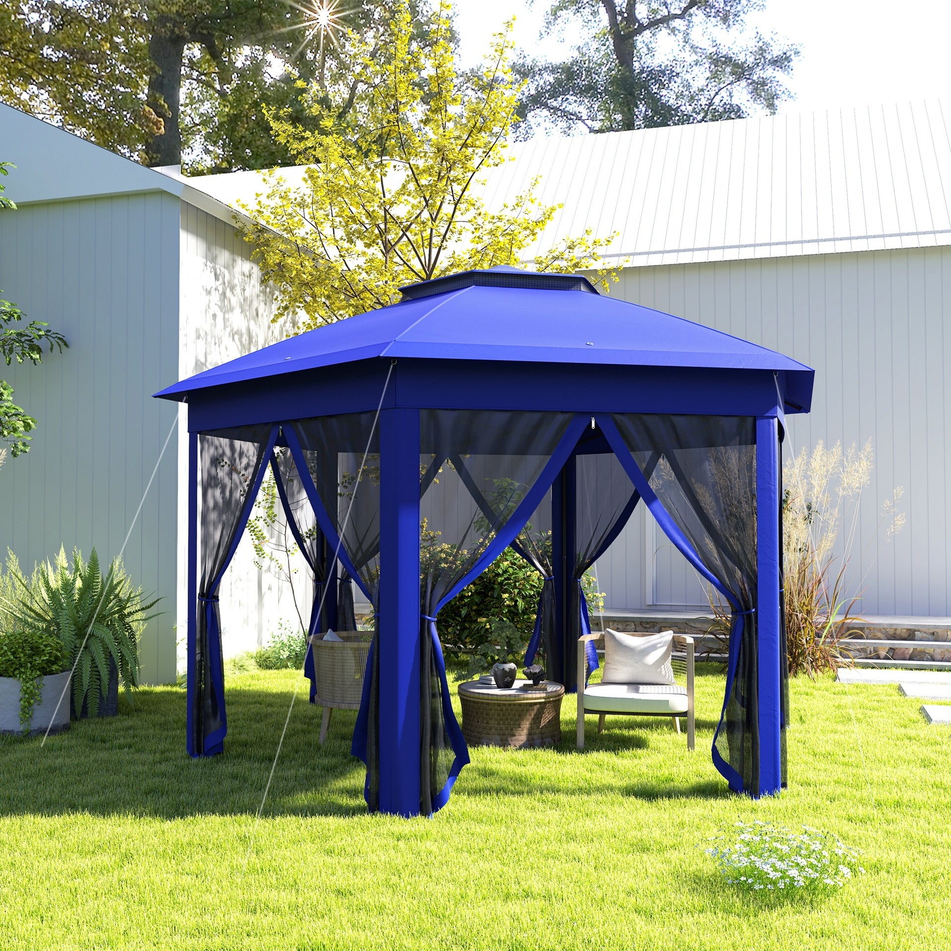 Outsunny 13' x 13' Pop Up Gazebo Hexagonal Canopy Shelter with 6 Zippered Mesh Netting for Patio Backyard Garden Wedding Party
