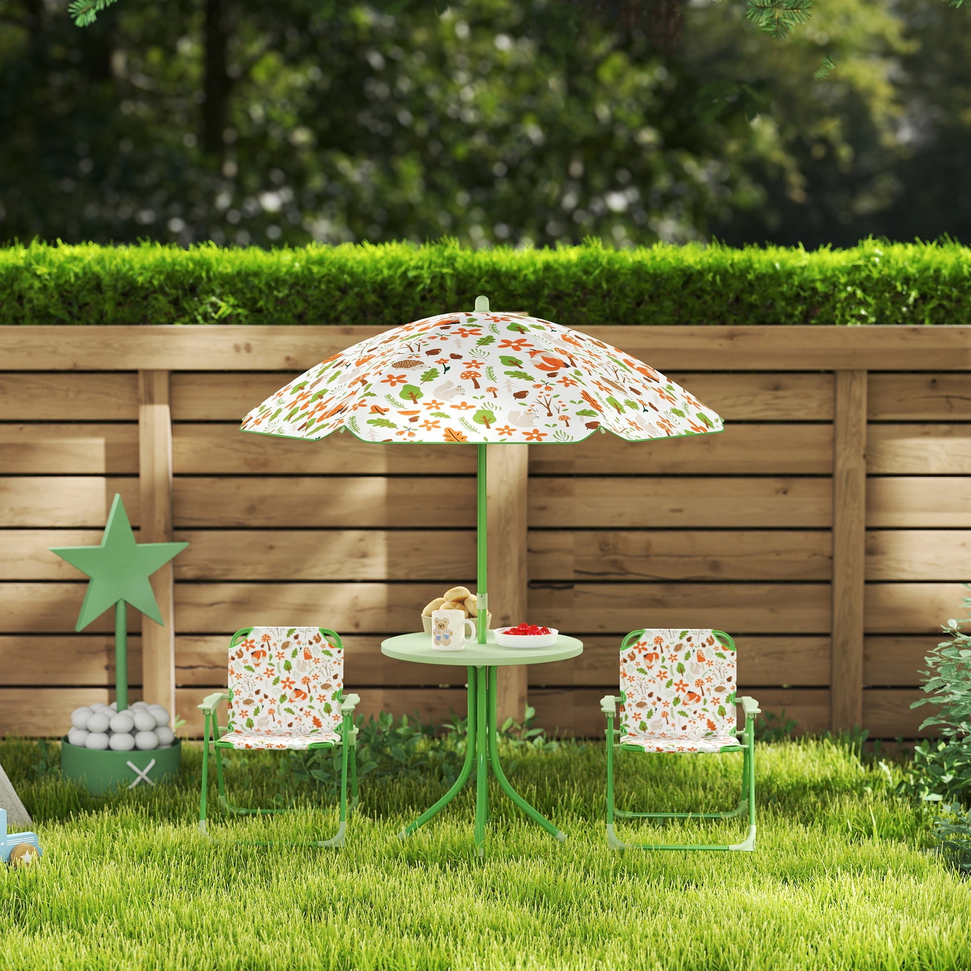 Qaba Kids Picnic Table and Chair Set, Outdoor Activity Table with Foldable Chairs, Removable Umbrella for Backyard, Green