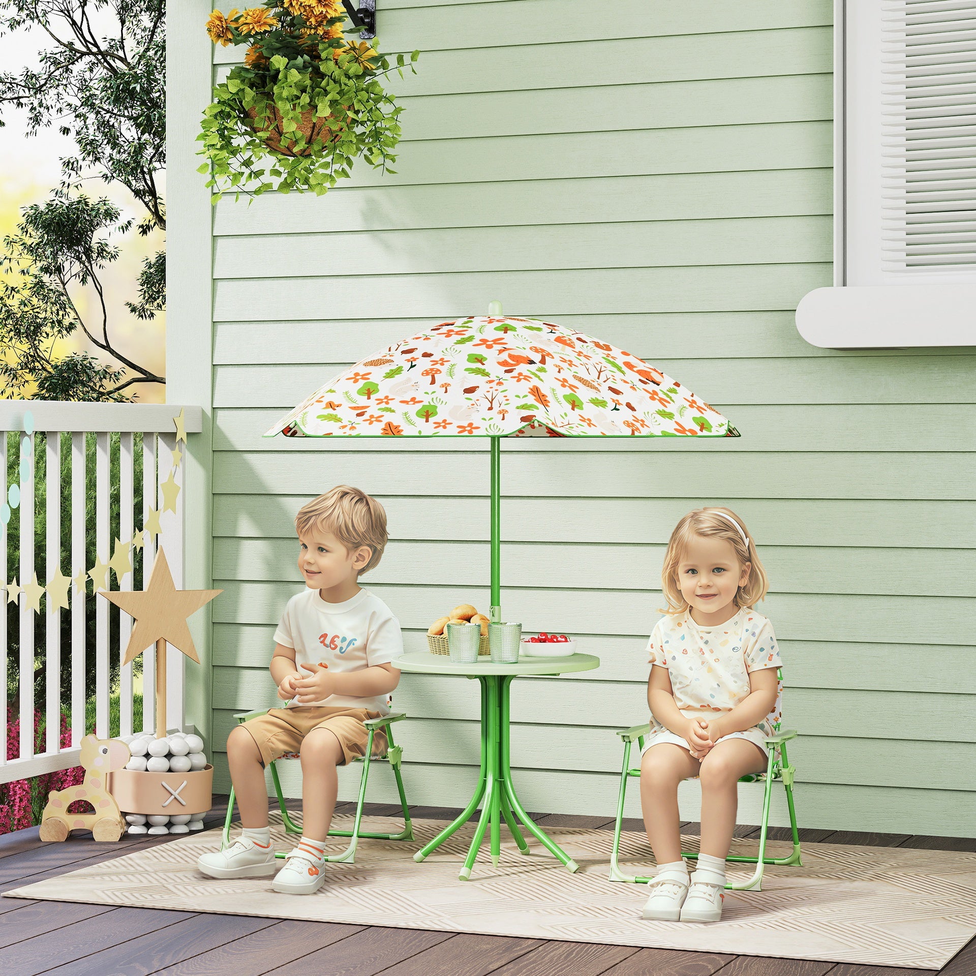 Qaba Kids Picnic Table and Chair Set, Outdoor Activity Table with Foldable Chairs, Removable Umbrella for Backyard, Green