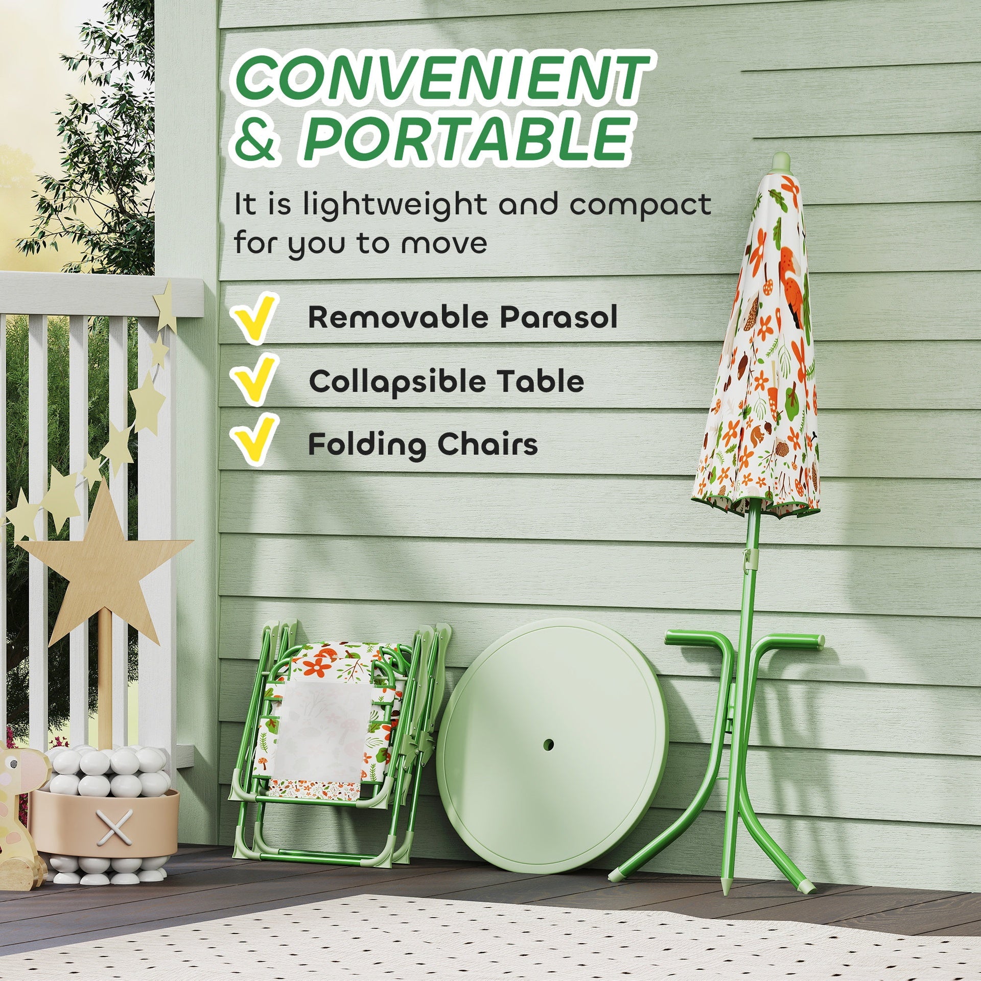 Qaba Kids Picnic Table and Chair Set, Outdoor Activity Table with Foldable Chairs, Removable Umbrella for Backyard, Green