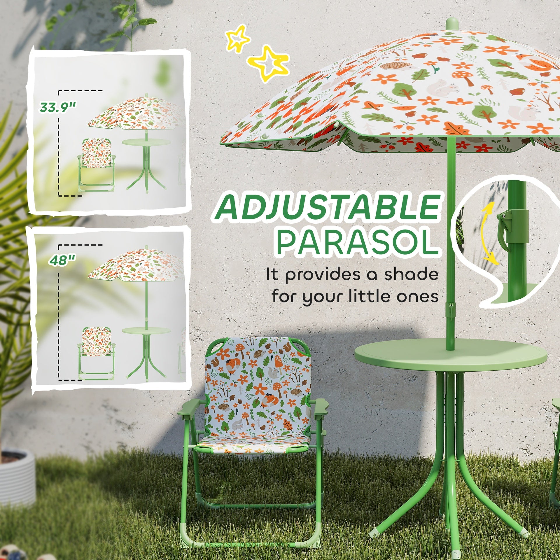 Qaba Kids Picnic Table and Chair Set, Outdoor Activity Table with Foldable Chairs, Removable Umbrella for Backyard, Green